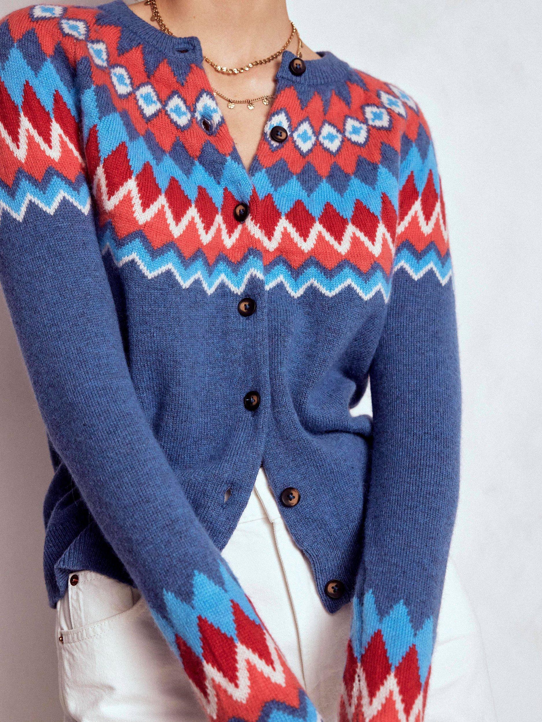 Product image 2 of 7, which shows Boden Edie Fair Isle Wool Blend Cardigan, Blue/Multi, XS