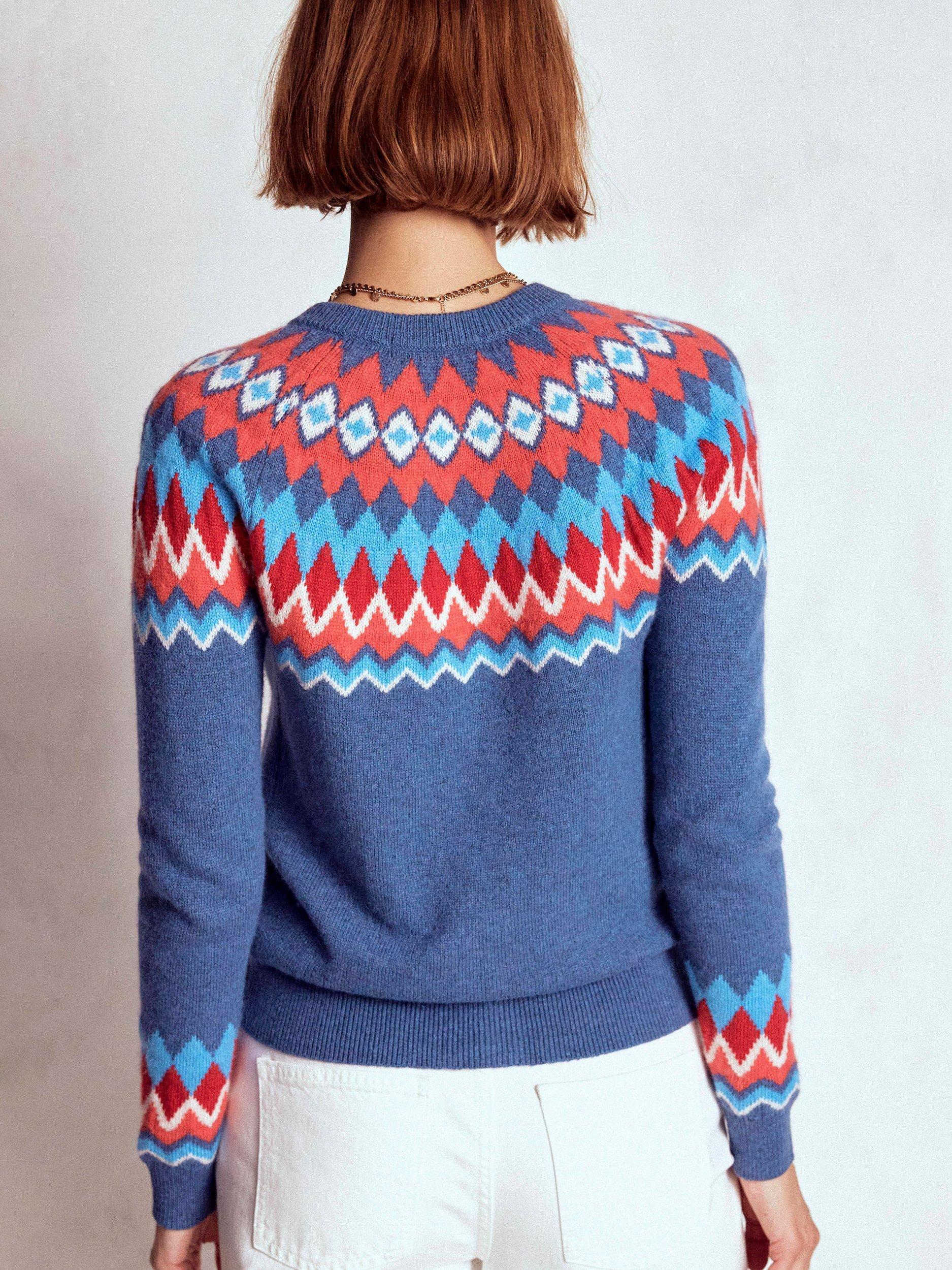 Product image 3 of 7, which shows Boden Edie Fair Isle Wool Blend Cardigan, Blue/Multi, XS