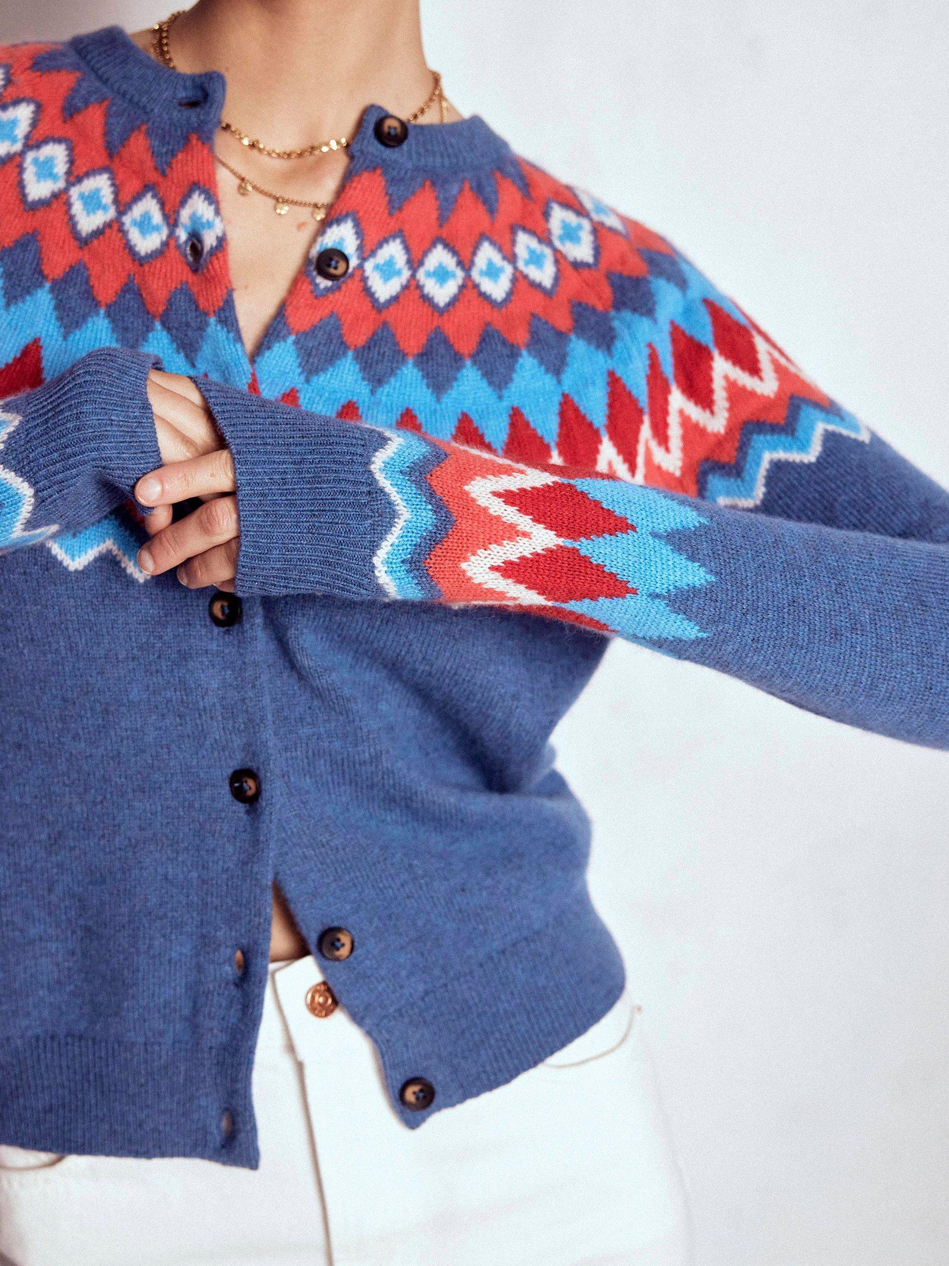 Product image 5 of 7, which shows Boden Edie Fair Isle Wool Blend Cardigan, Blue/Multi, XS