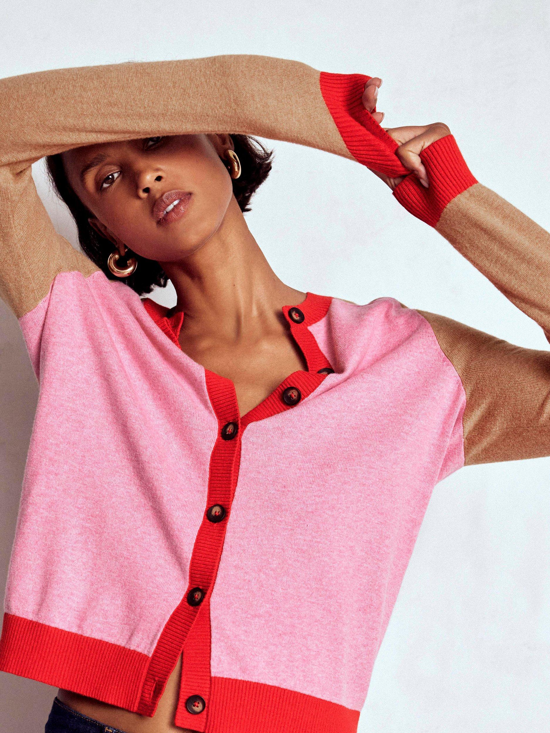 Product image 1 of 6, which shows Boden Meg Cardigan, Camel/Pink, XL