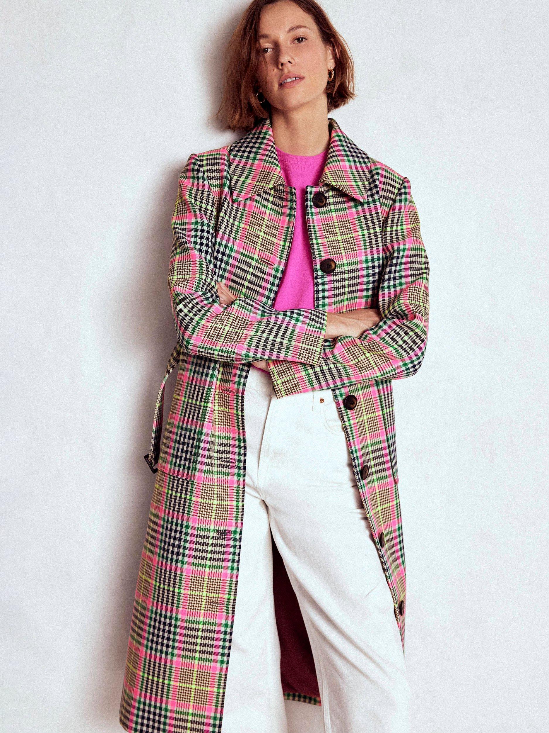 Product image 1 of 7, which shows Boden Lancaster Check Belted Mac, Brown/Pink, 8