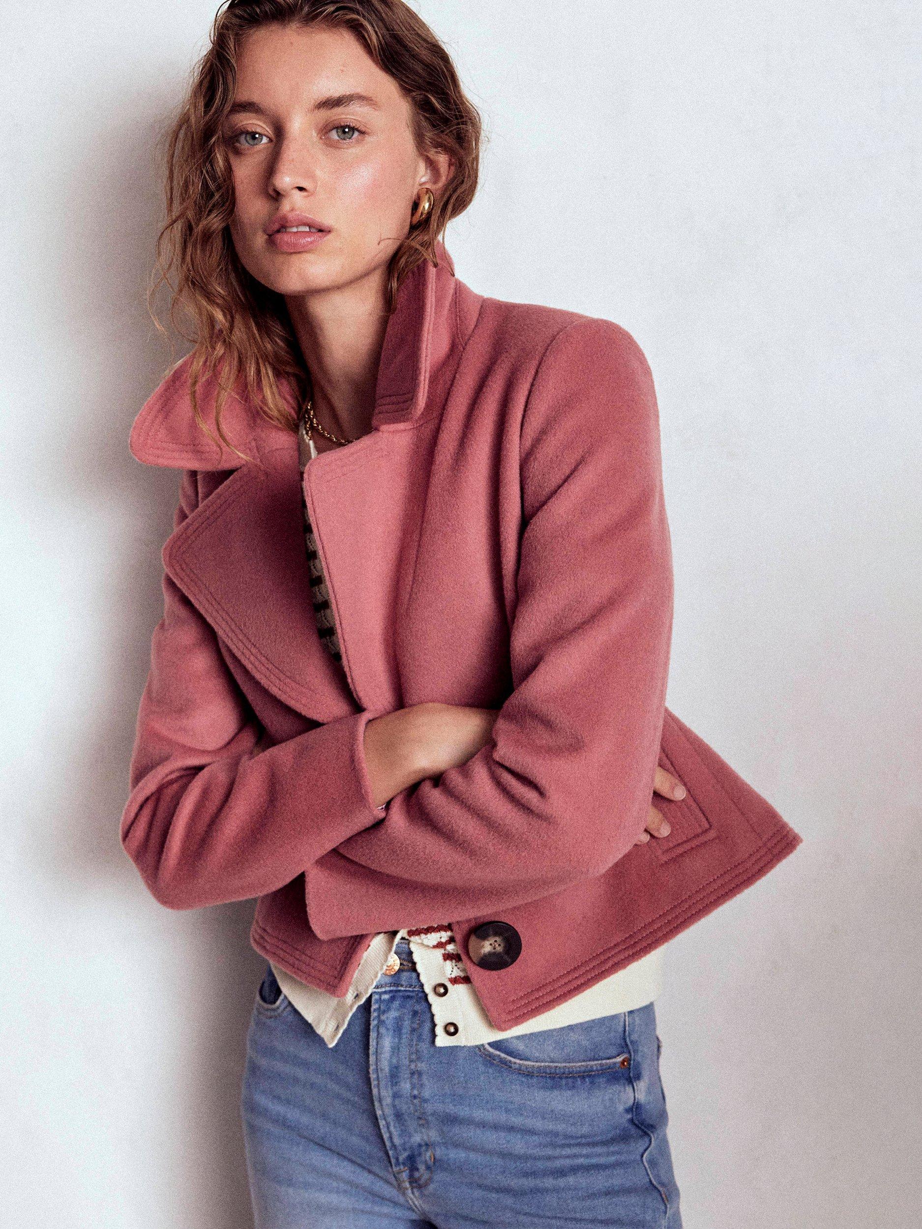 Product image 1 of 6, which shows Boden Wool Blend Topstitch Long Sleeve Biker Jacket, Dusty Pink, 12