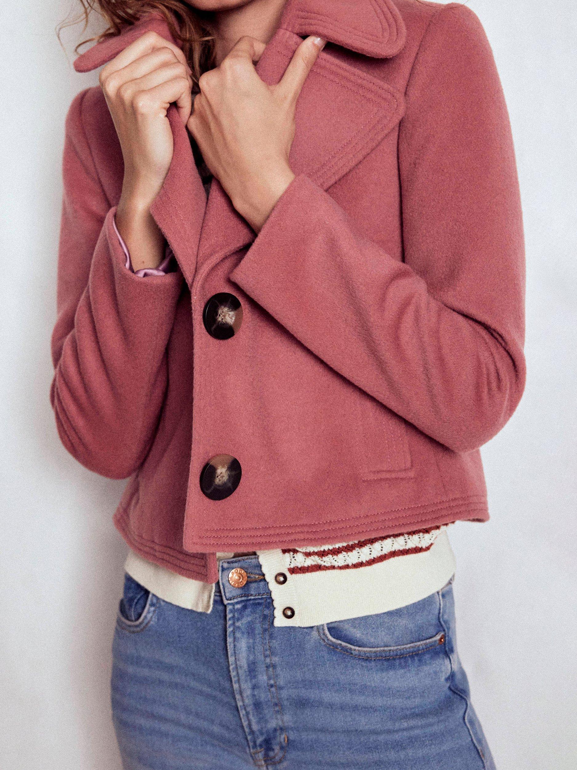 Product image 2 of 6, which shows Boden Wool Blend Topstitch Long Sleeve Biker Jacket, Dusty Pink, 12
