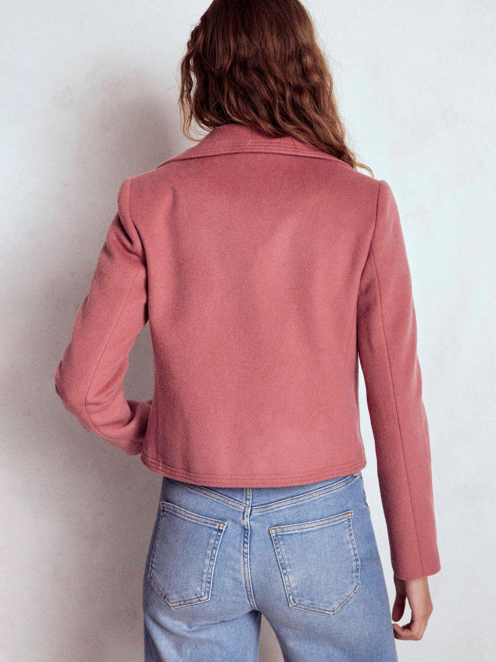 Product image 3 of 6, which shows Boden Wool Blend Topstitch Long Sleeve Biker Jacket, Dusty Pink, 12