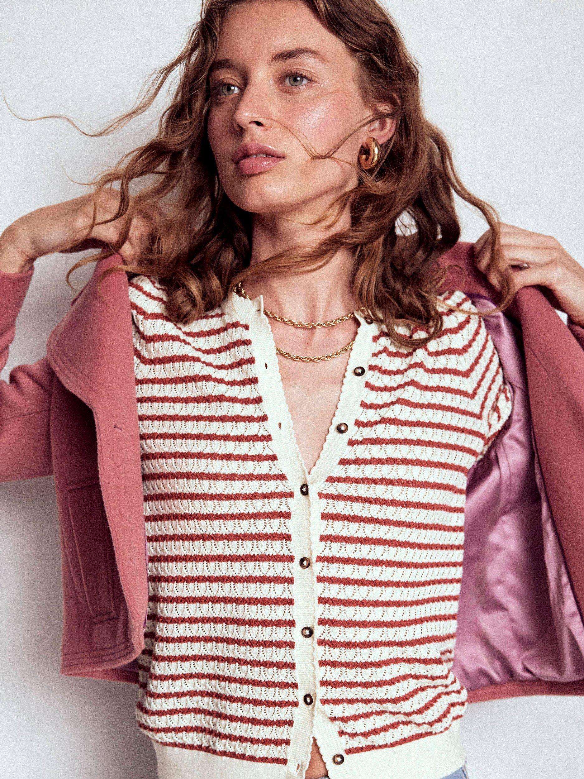 Product image 4 of 6, which shows Boden Wool Blend Topstitch Long Sleeve Biker Jacket, Dusty Pink, 12