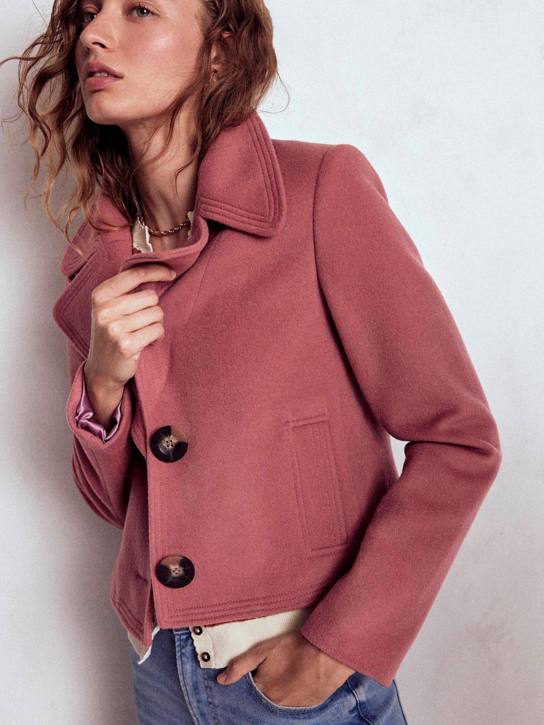 Product image 5 of 6, which shows Boden Wool Blend Topstitch Long Sleeve Biker Jacket, Dusty Pink, 12