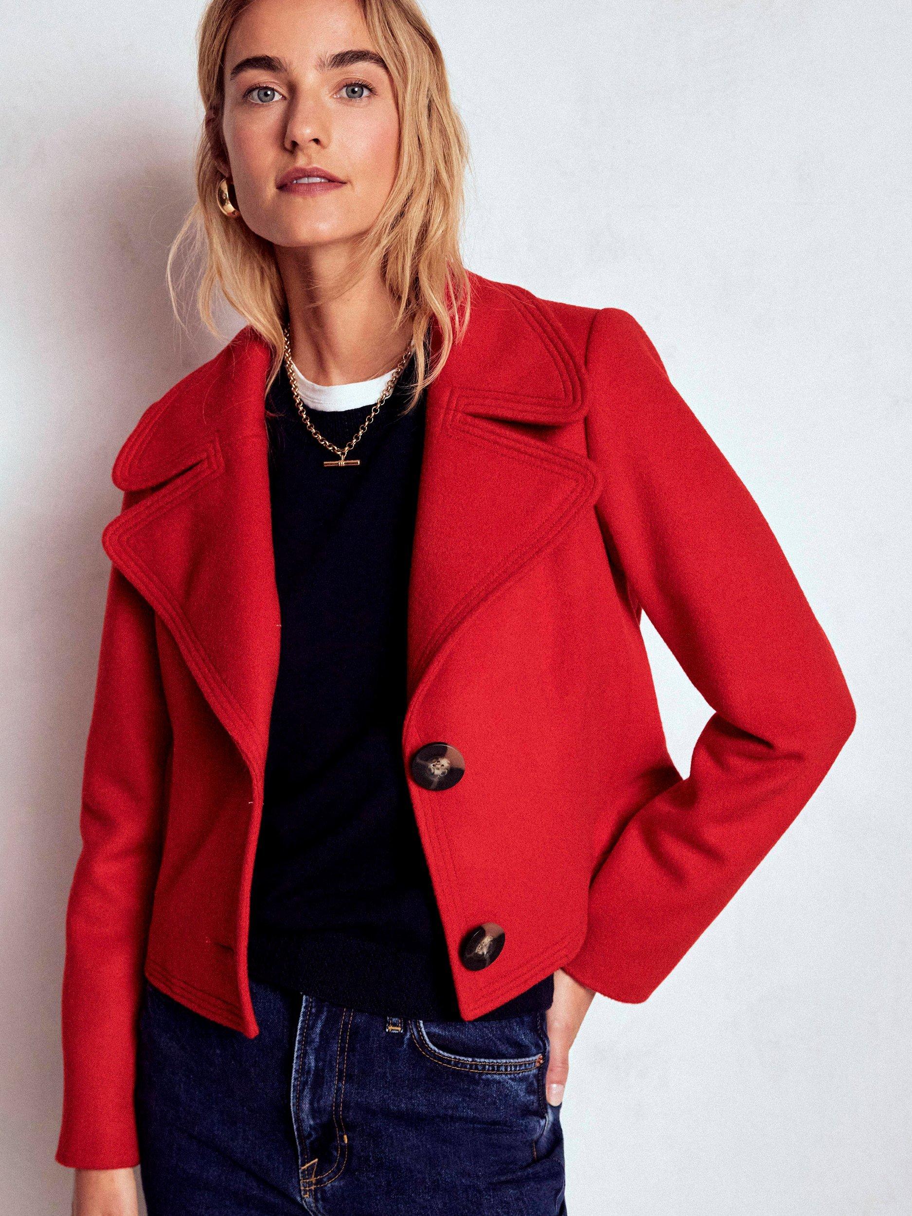 Product image 1 of 6, which shows Boden Topstitch Wool Rich Jacket, Poppy Red, 8