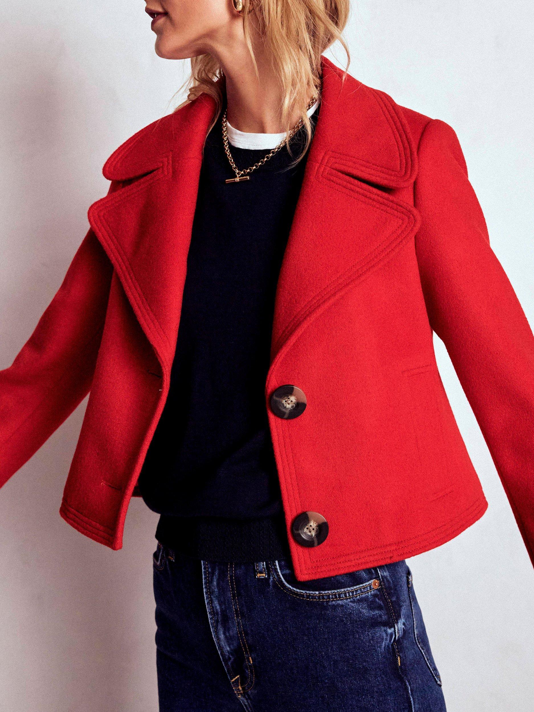 Product image 5 of 6, which shows Boden Topstitch Wool Rich Jacket, Poppy Red, 8