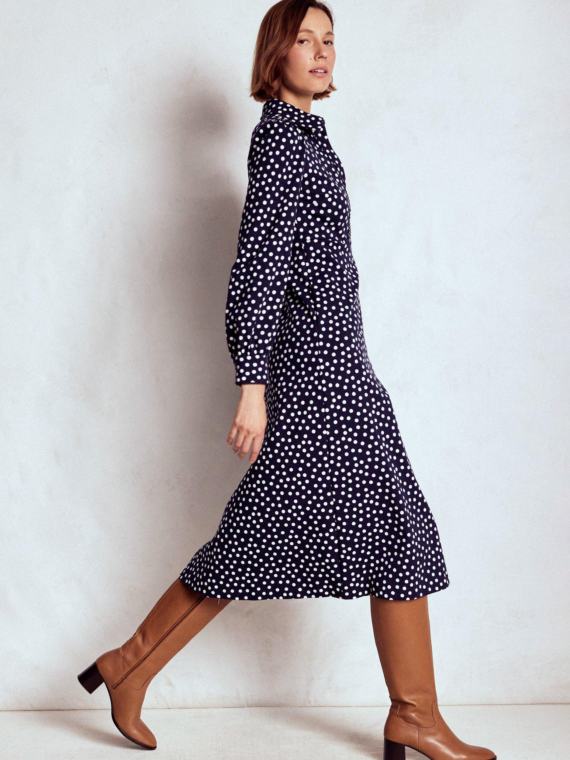 Product image 5 of 6, which shows Boden Pip Polka Dot Ponte Midi Dress, Navy/Multi, 8