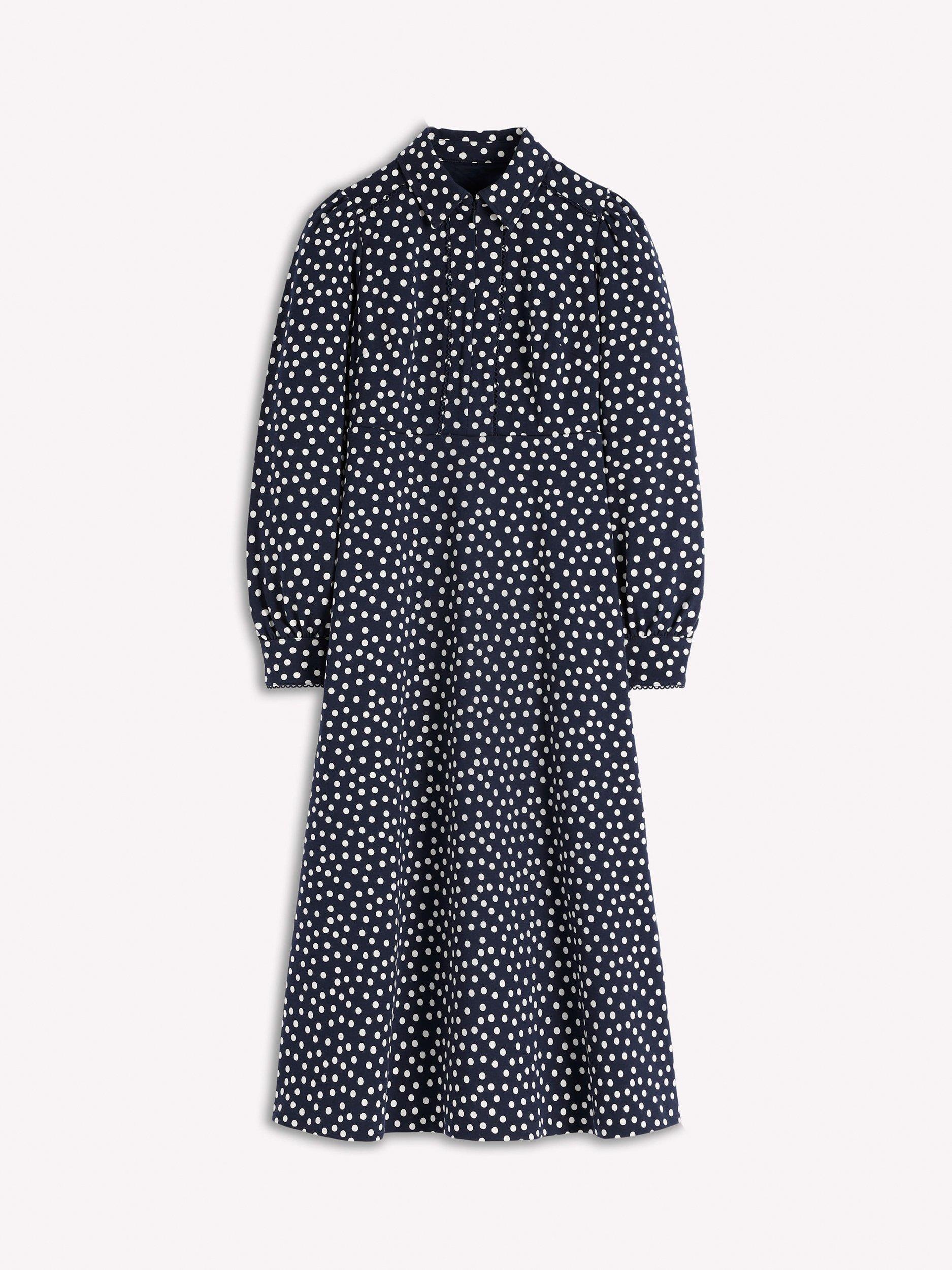 Product image 6 of 6, which shows Boden Pip Polka Dot Ponte Midi Dress, Navy/Multi, 8