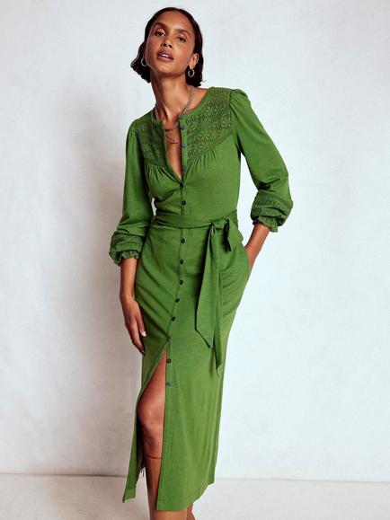 Boden Pippa Broderie Anglaise Jersey Dress, Promenade Green