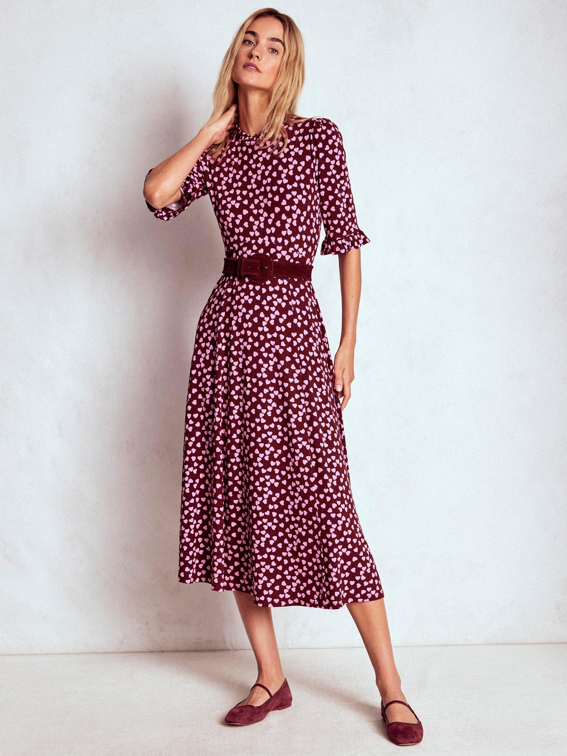 Product image 1 of 4, which shows Boden Heart Ruffle Seamed Midi Dress, Chestnut/Multi, 16