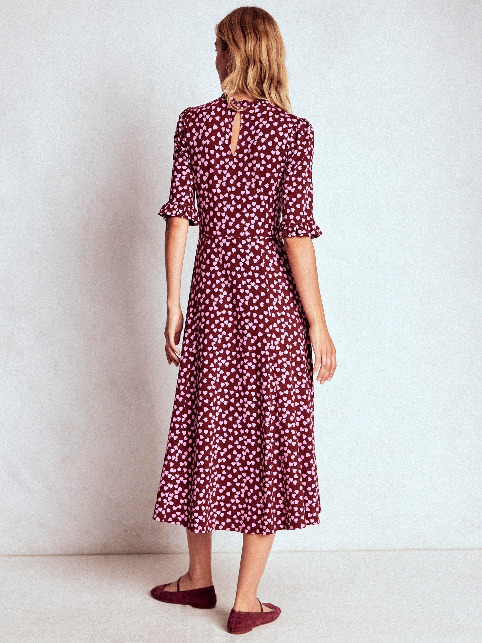 Product image 3 of 4, which shows Boden Heart Ruffle Seamed Midi Dress, Chestnut/Multi, 16