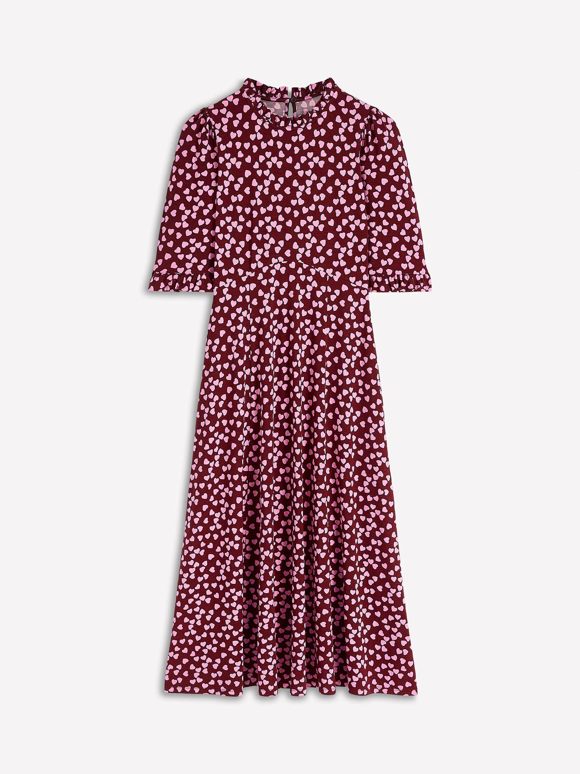 Product image 4 of 4, which shows Boden Heart Ruffle Seamed Midi Dress, Chestnut/Multi, 16