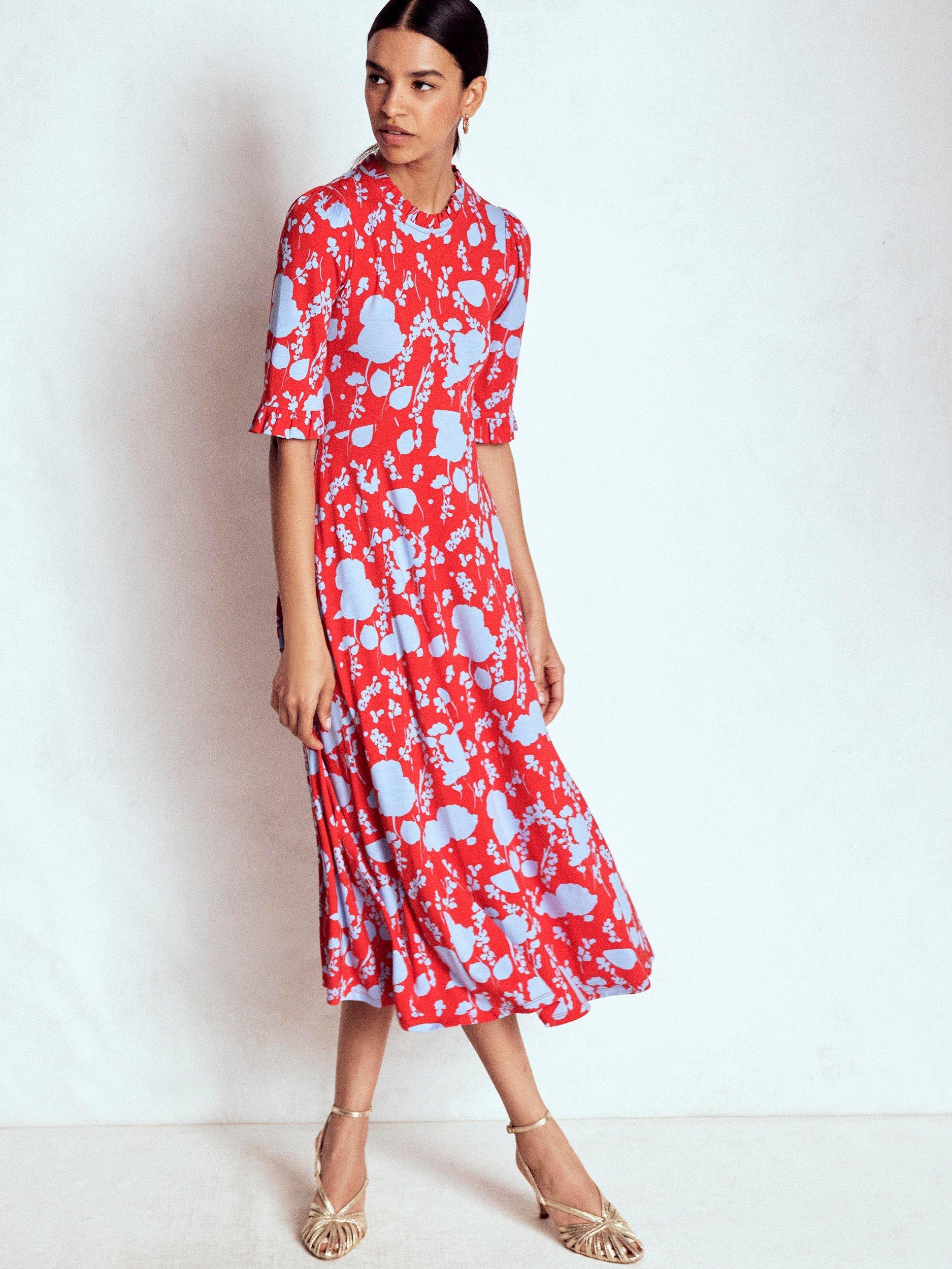 Product image 1 of 6, which shows Boden Floral Ruffle Seamed Midi Dress, Red/Multi, 8