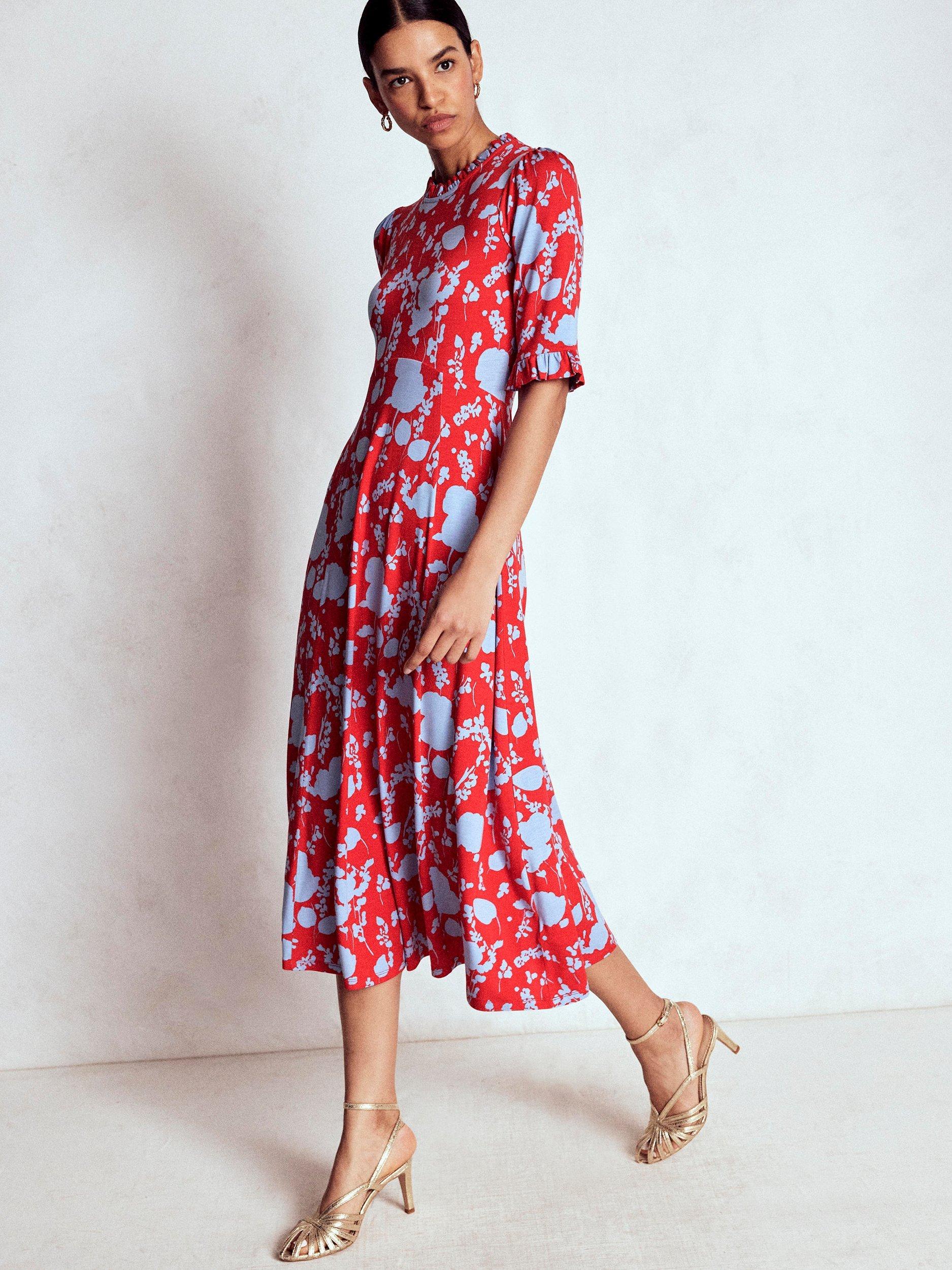 Product image 2 of 6, which shows Boden Floral Ruffle Seamed Midi Dress, Red/Multi, 8