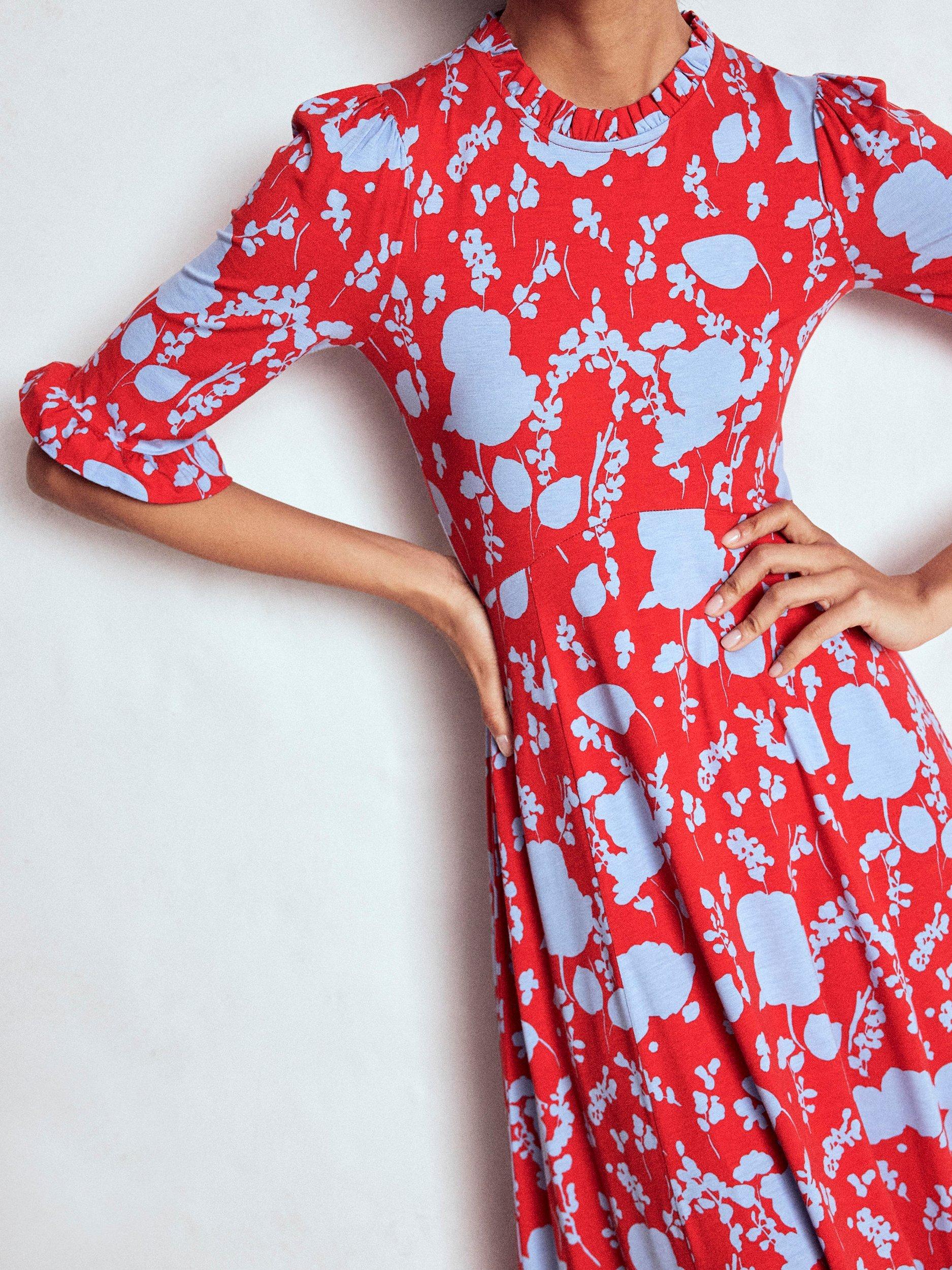 Product image 3 of 6, which shows Boden Floral Ruffle Seamed Midi Dress, Red/Multi, 8