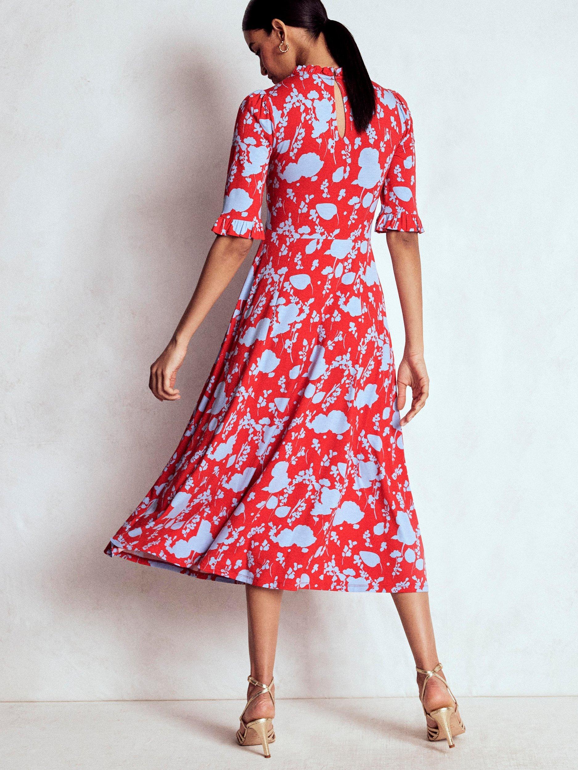 Product image 4 of 6, which shows Boden Floral Ruffle Seamed Midi Dress, Red/Multi, 8