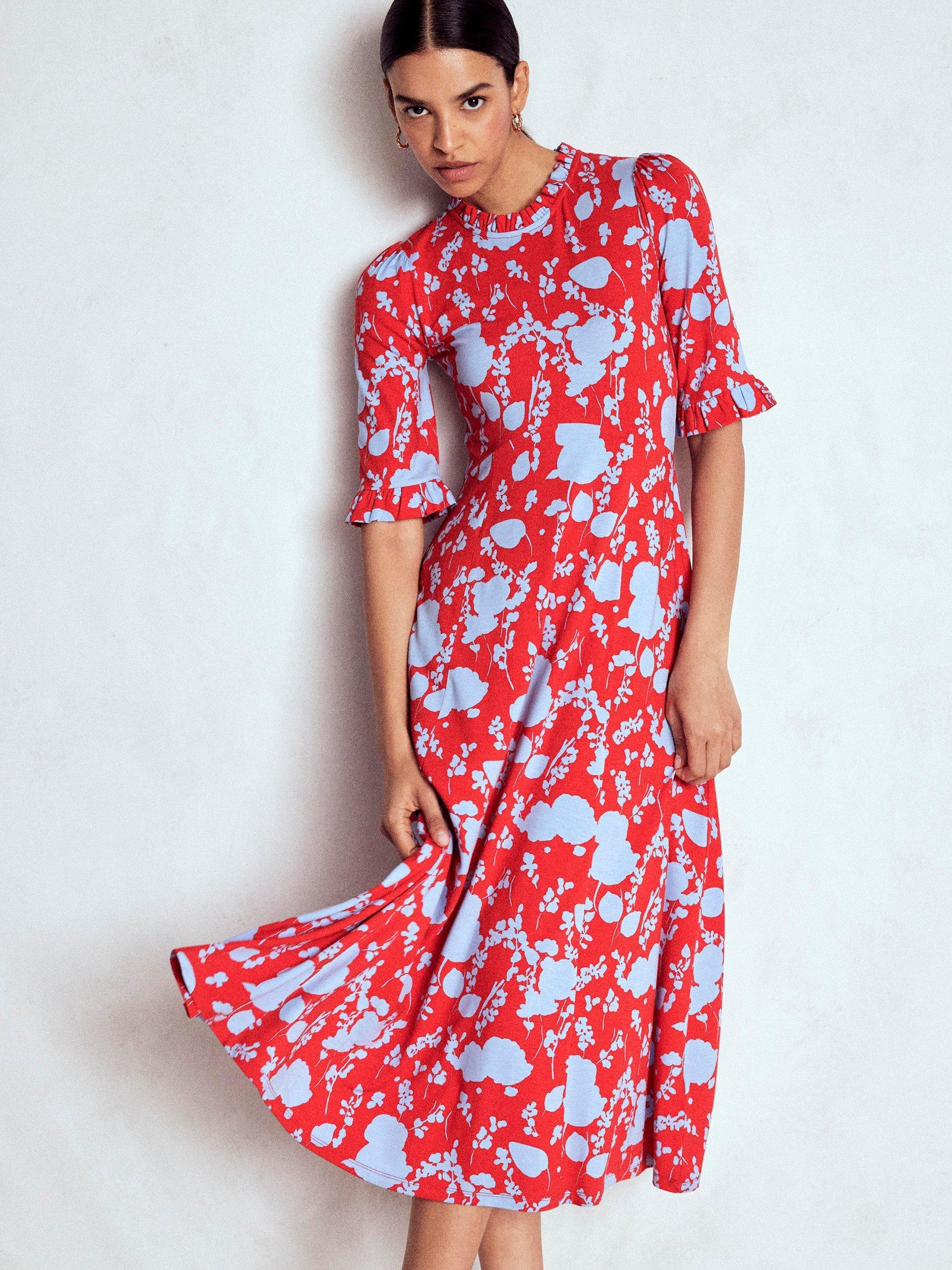 Product image 5 of 6, which shows Boden Floral Ruffle Seamed Midi Dress, Red/Multi, 8