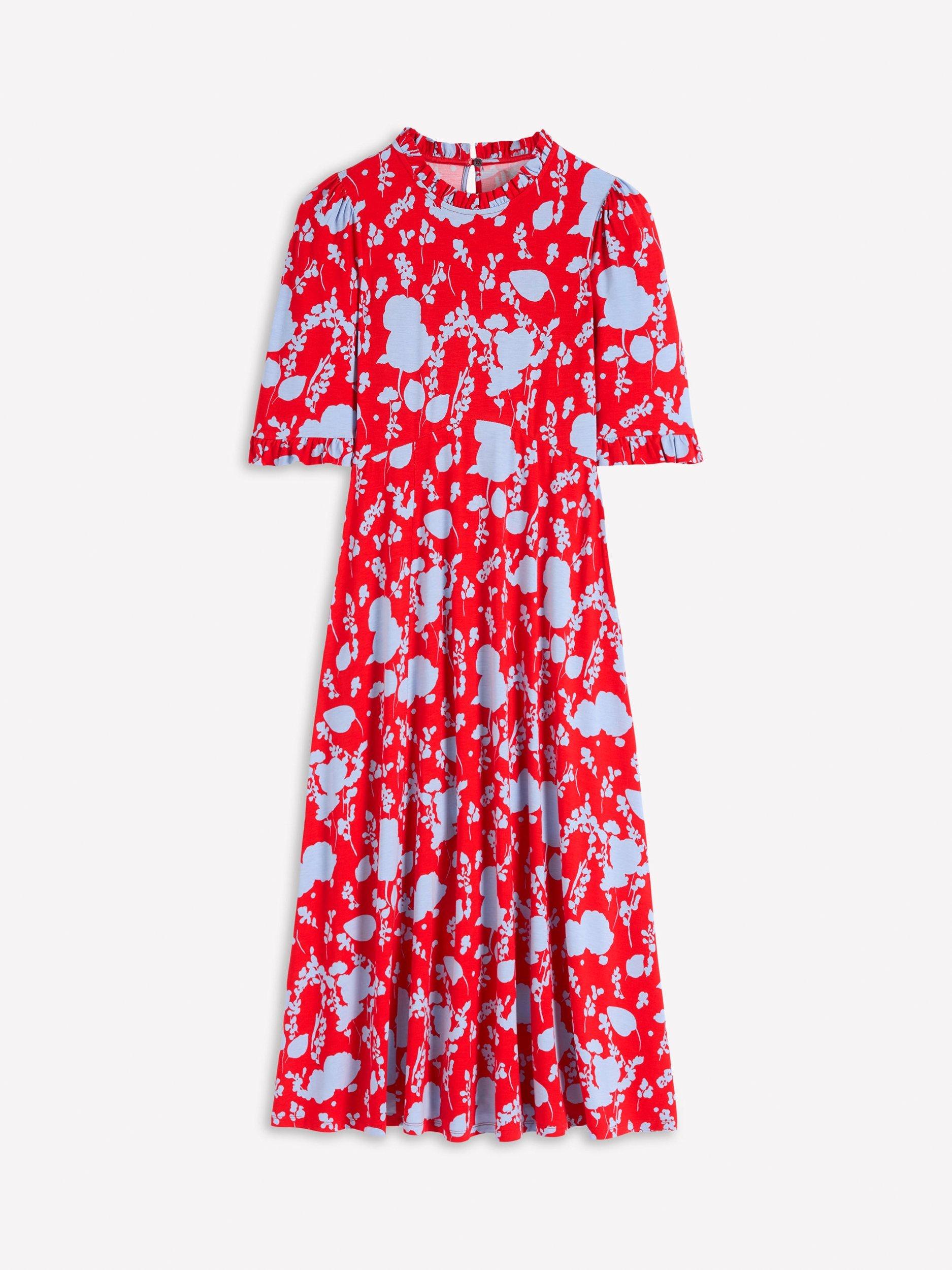 Product image 6 of 6, which shows Boden Floral Ruffle Seamed Midi Dress, Red/Multi, 8