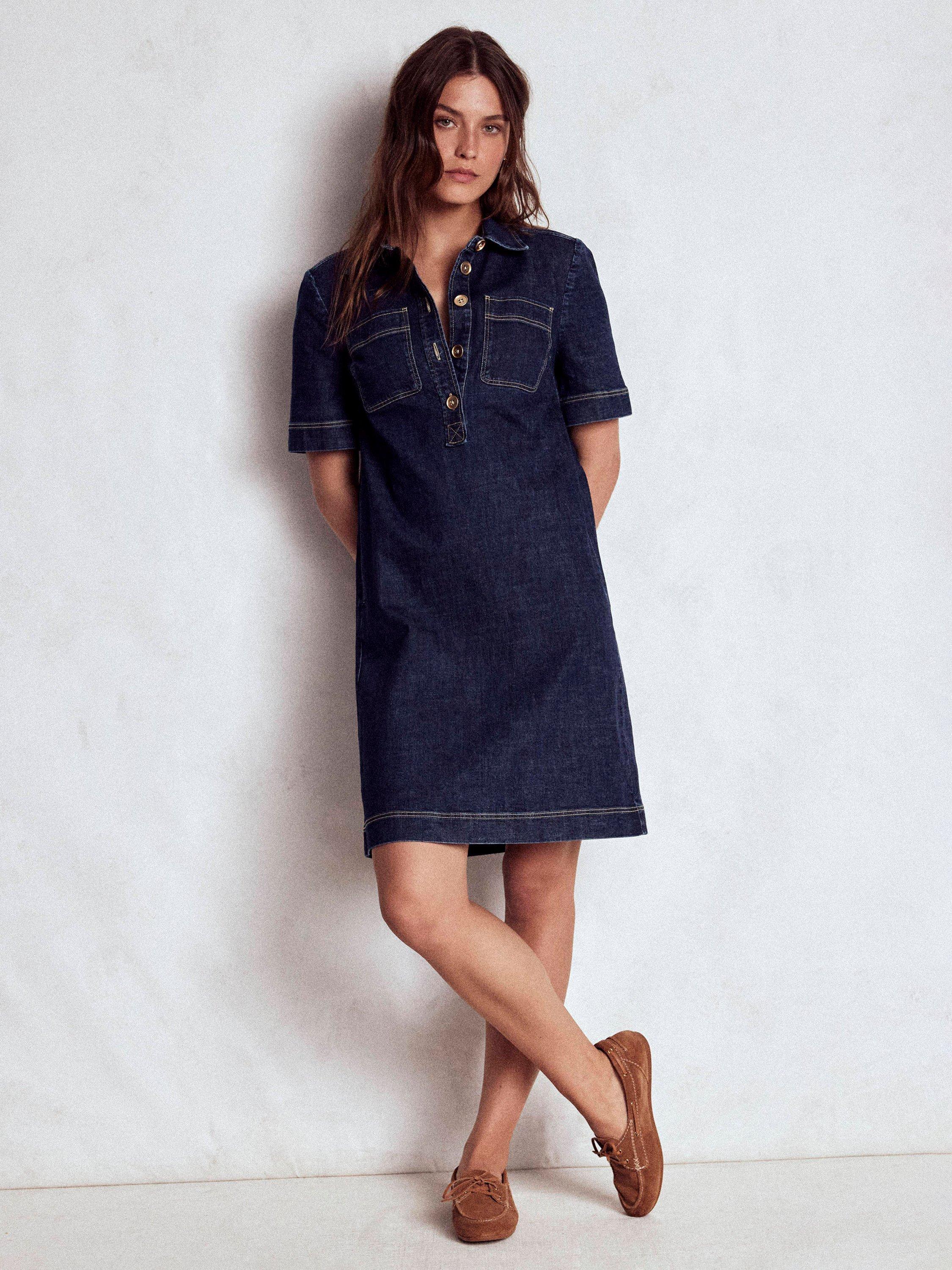 Boden Zia Cotton Blend Short Sleeve Collar Denim Mini Shirt Dress