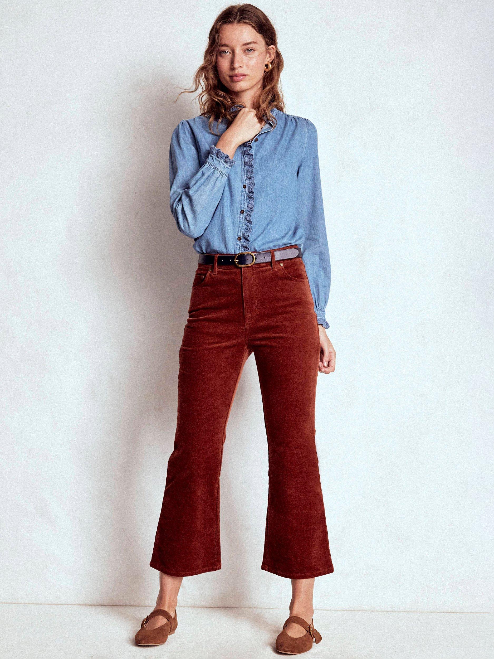 Product image 1 of 5, which shows Boden Cotton Blend Cropped Flared Denim Jeans, Fired Brick, 8