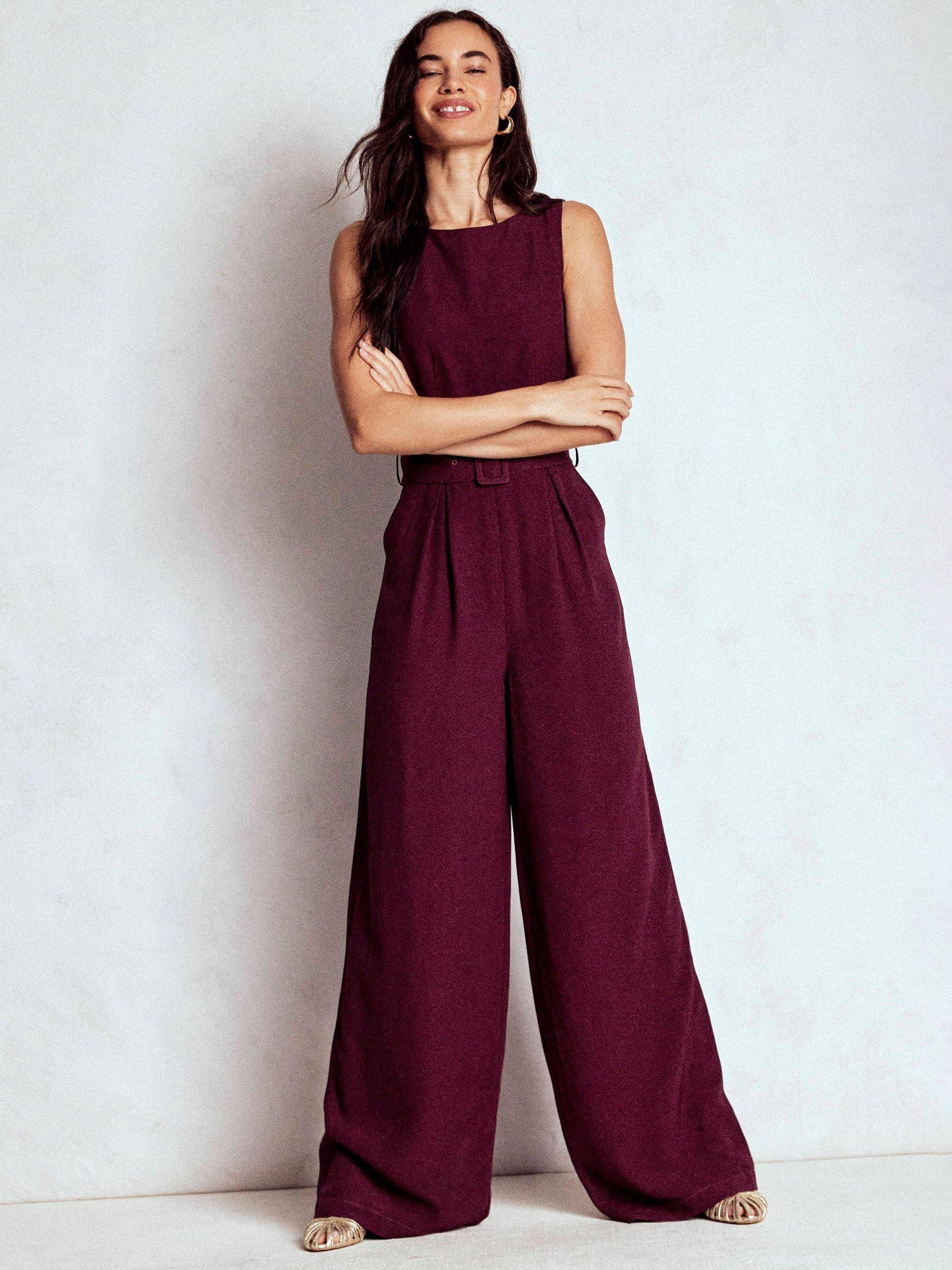 Product image 1 of 5, which shows Boden Gwen Belted Slash Neck Jumpsuit, Dark Cherry, 8