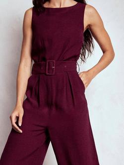 Boden Gwen Belted Slash Neck Jumpsuit, Dark Cherry - view 2, Dark Cherry