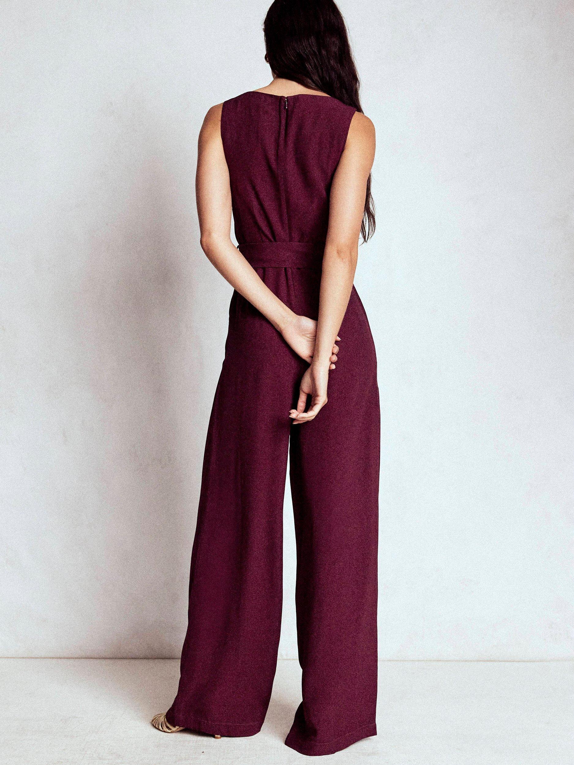 Product image 3 of 5, which shows Boden Gwen Belted Slash Neck Jumpsuit, Dark Cherry, 8