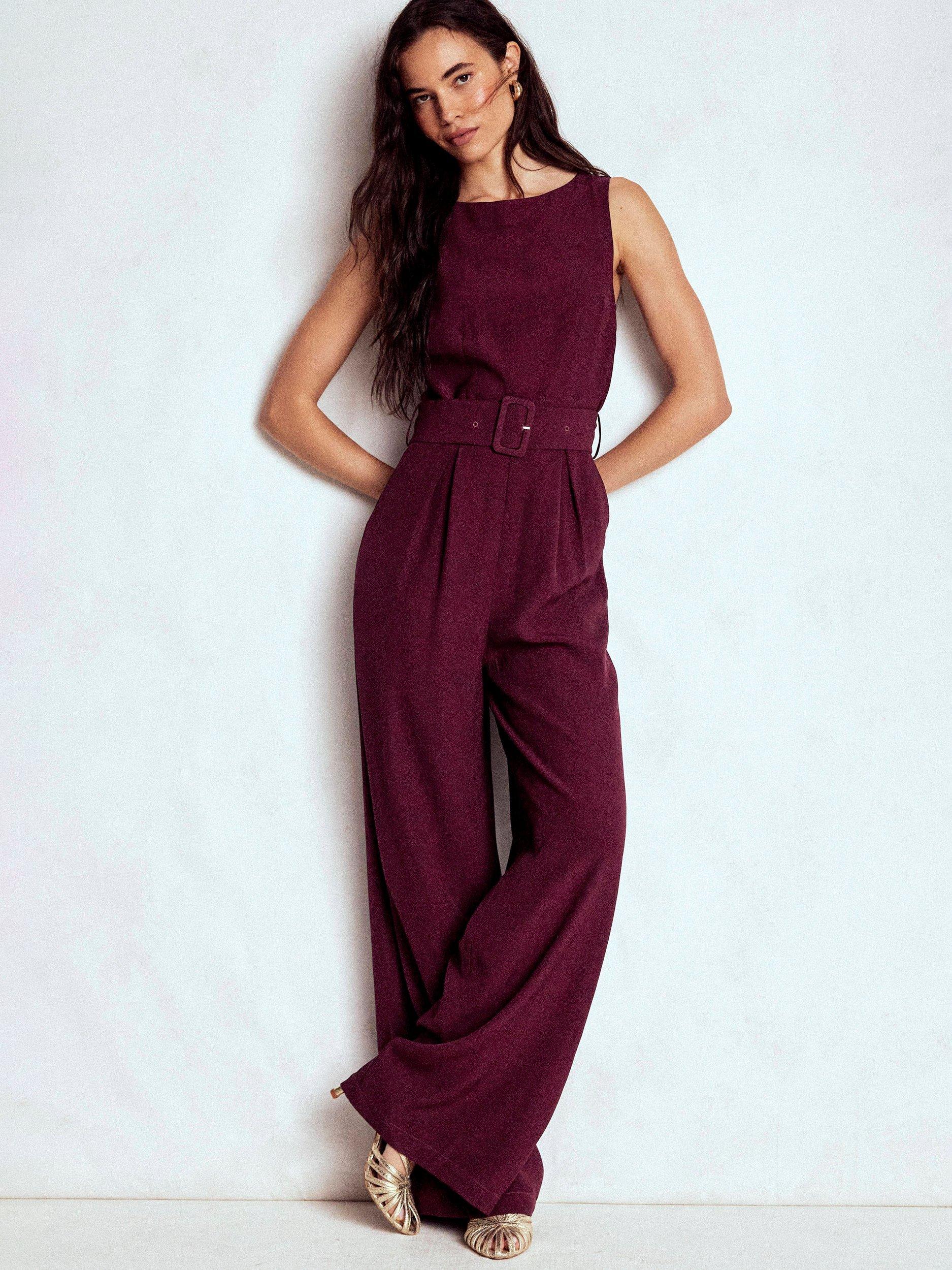 Product image 4 of 5, which shows Boden Gwen Belted Slash Neck Jumpsuit, Dark Cherry, 8