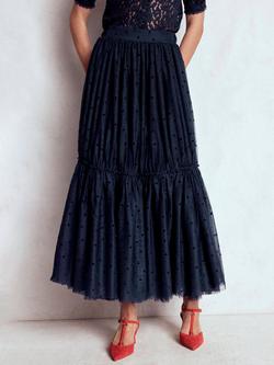 Boden Anna Tulle Tiered Spotty Midi Skirt, Navy