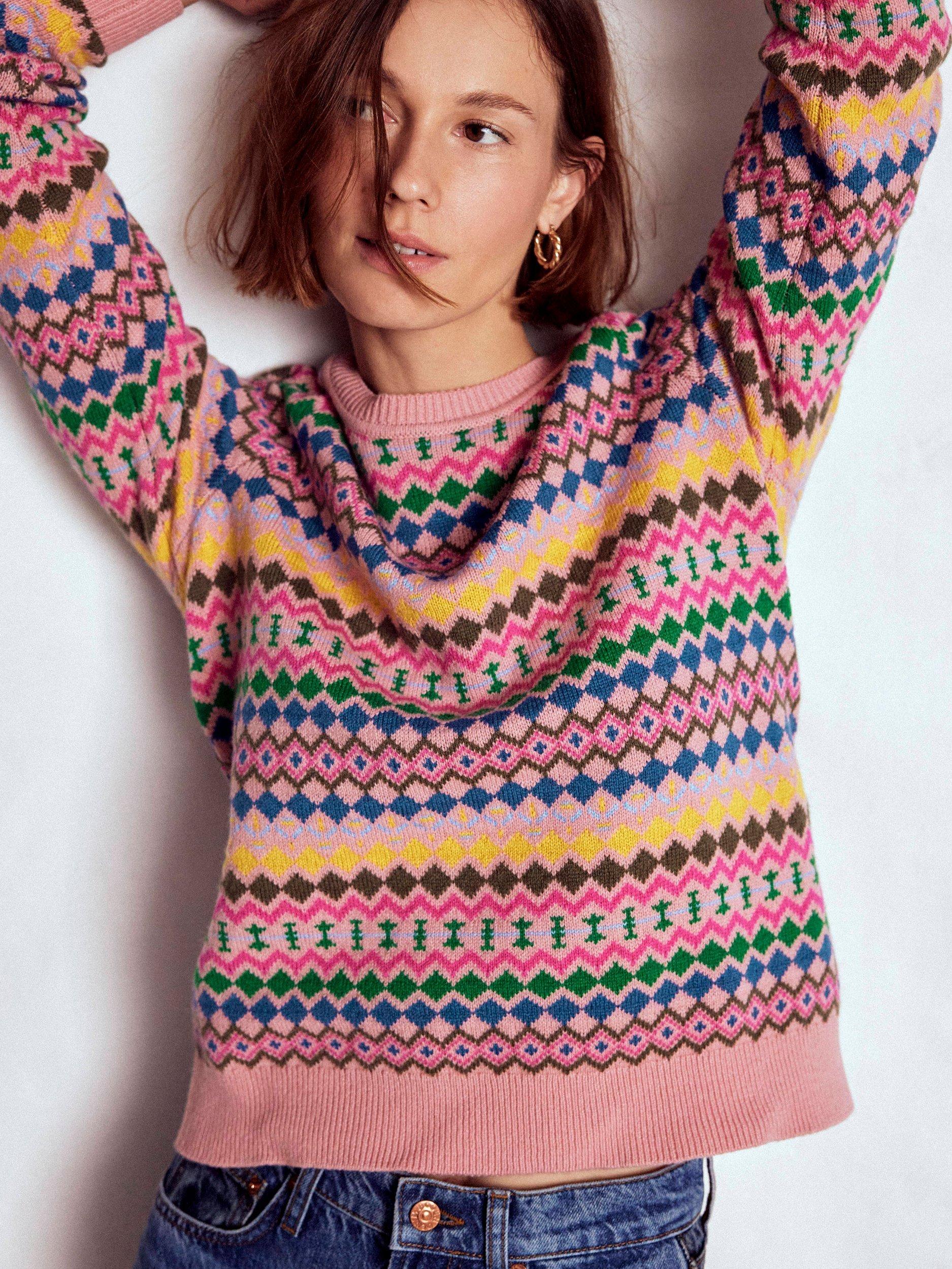 Product image 2 of 7, which shows Boden Edie Fair Isle Wool Blend Jumper, Pink/Multi, S