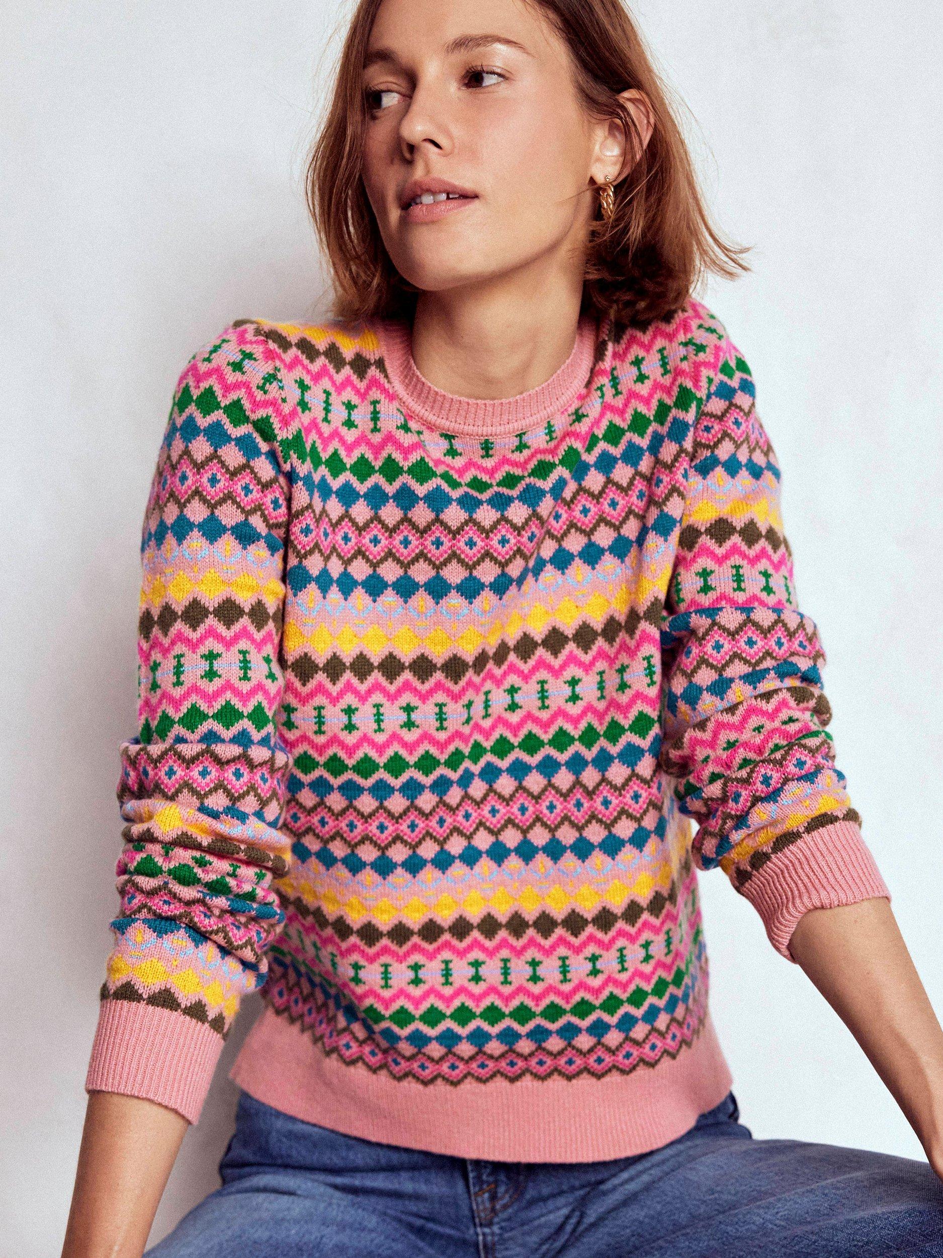 Product image 5 of 7, which shows Boden Edie Fair Isle Wool Blend Jumper, Pink/Multi, S