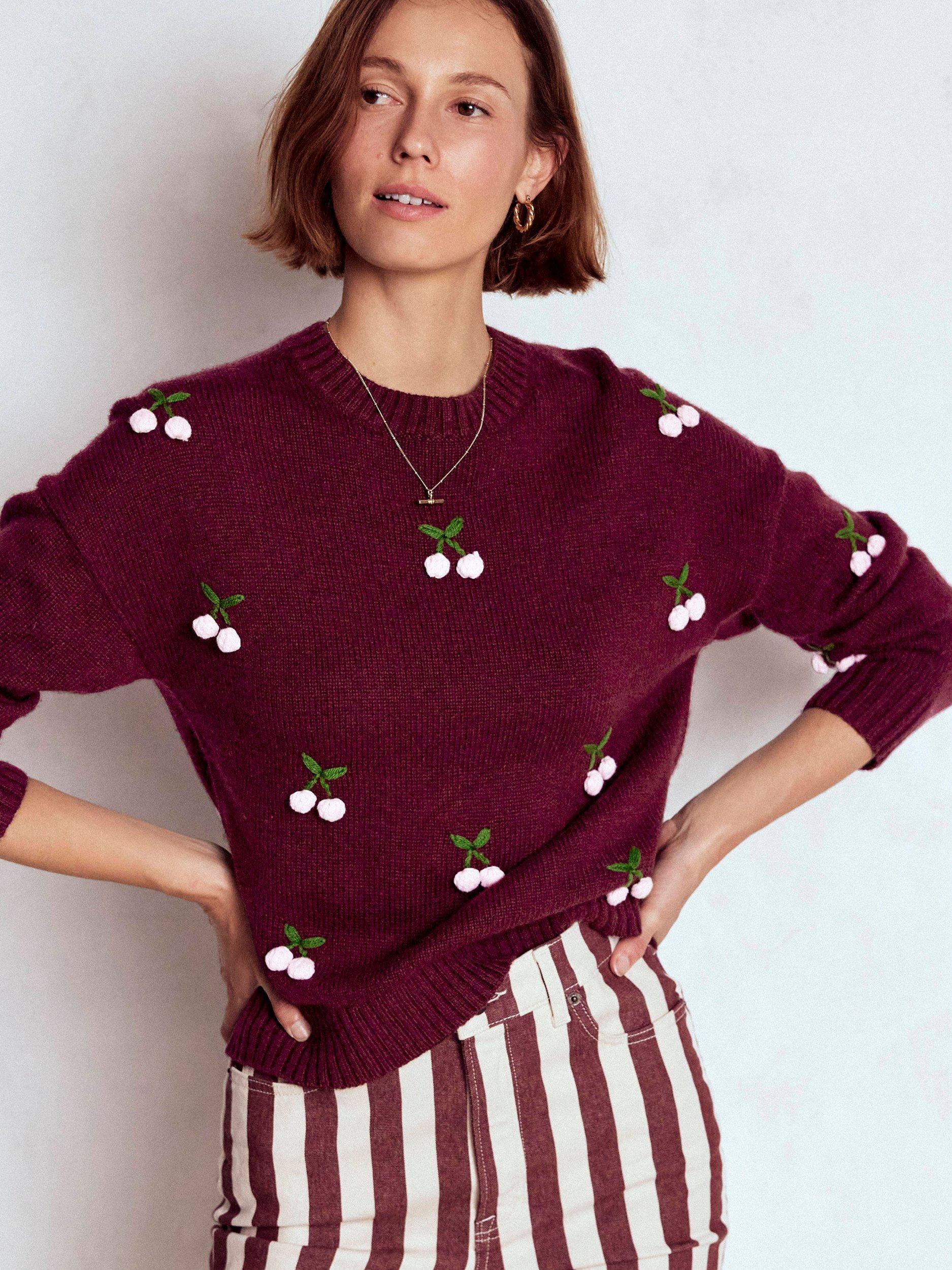 Product image 1 of 6, which shows Boden Natalie Cherry Embroidered Wool Blend Jumper, Chestnut/Multi, S