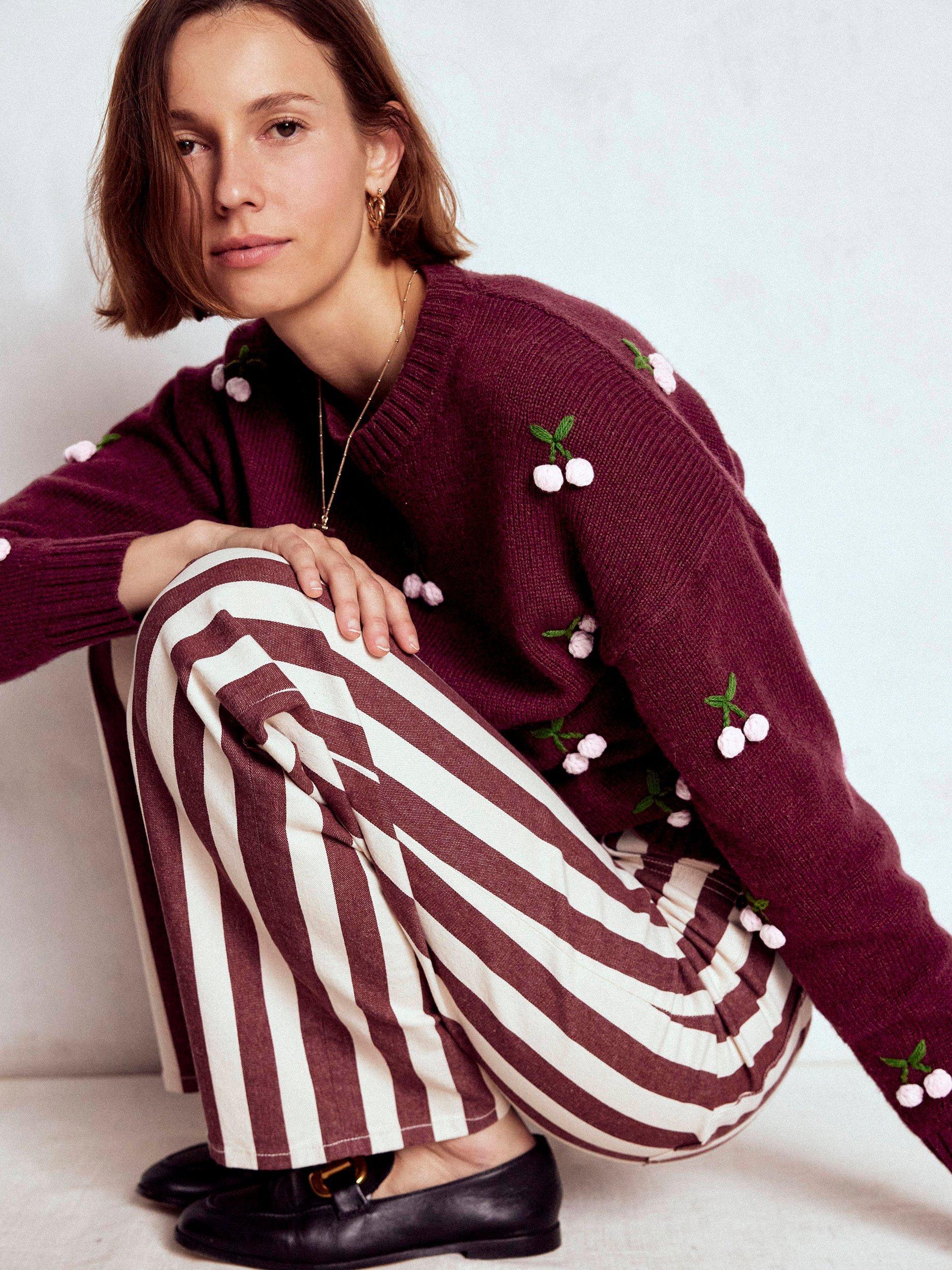 Product image 2 of 6, which shows Boden Natalie Cherry Embroidered Wool Blend Jumper, Chestnut/Multi, S