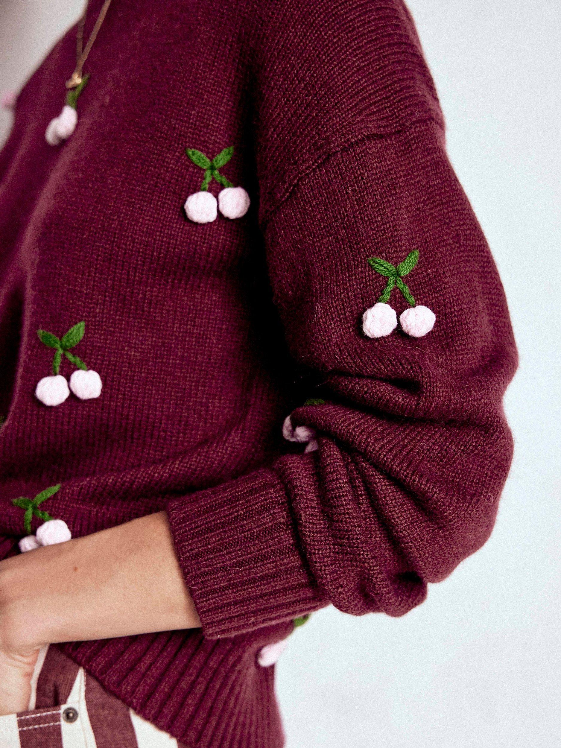 Product image 3 of 6, which shows Boden Natalie Cherry Embroidered Wool Blend Jumper, Chestnut/Multi, S