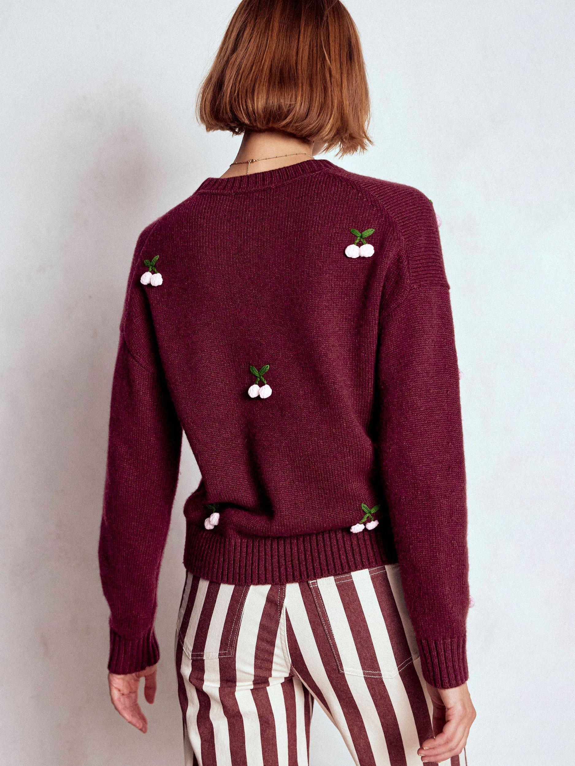 Product image 4 of 6, which shows Boden Natalie Cherry Embroidered Wool Blend Jumper, Chestnut/Multi, S