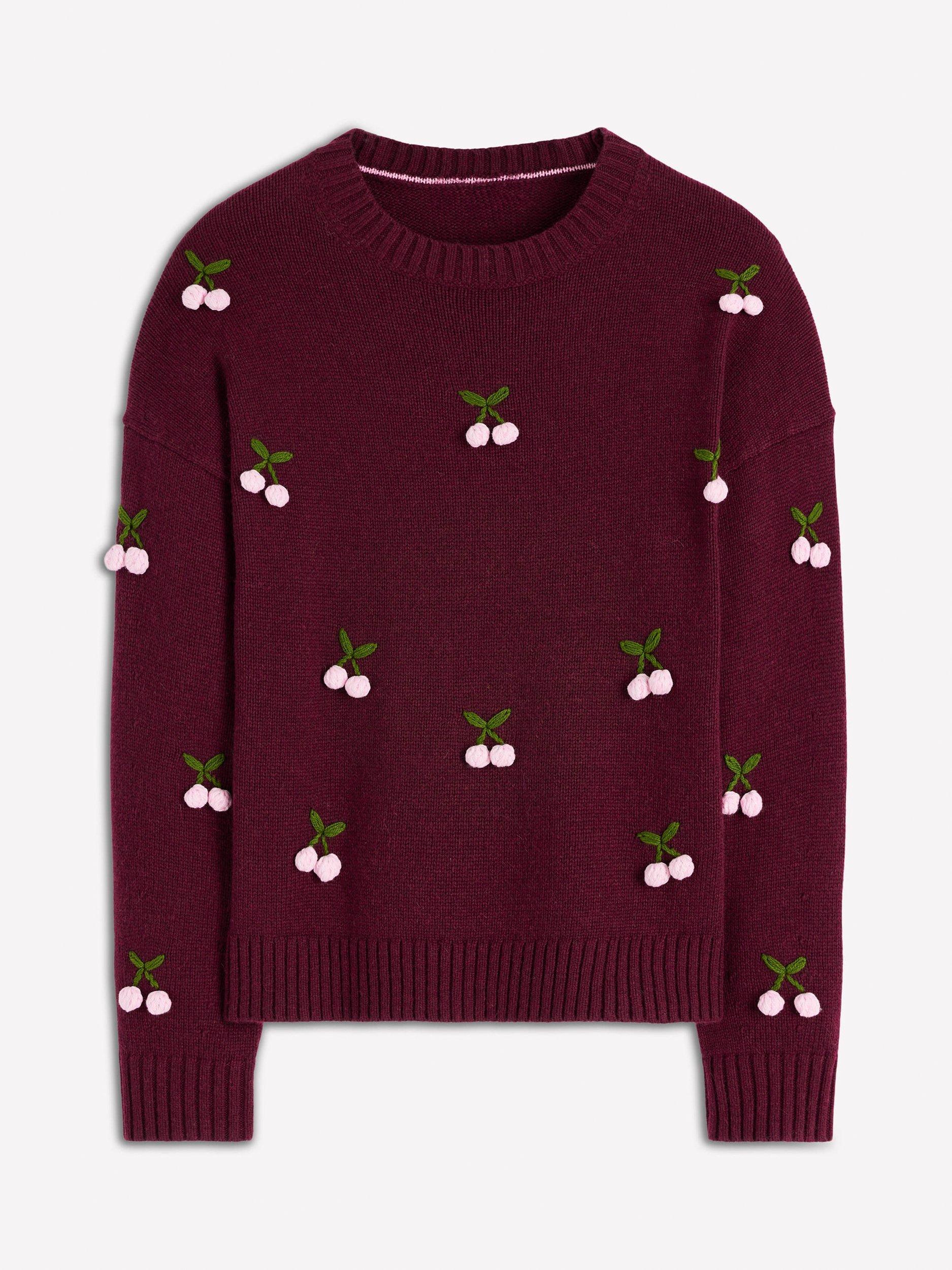 Product image 6 of 6, which shows Boden Natalie Cherry Embroidered Wool Blend Jumper, Chestnut/Multi, S