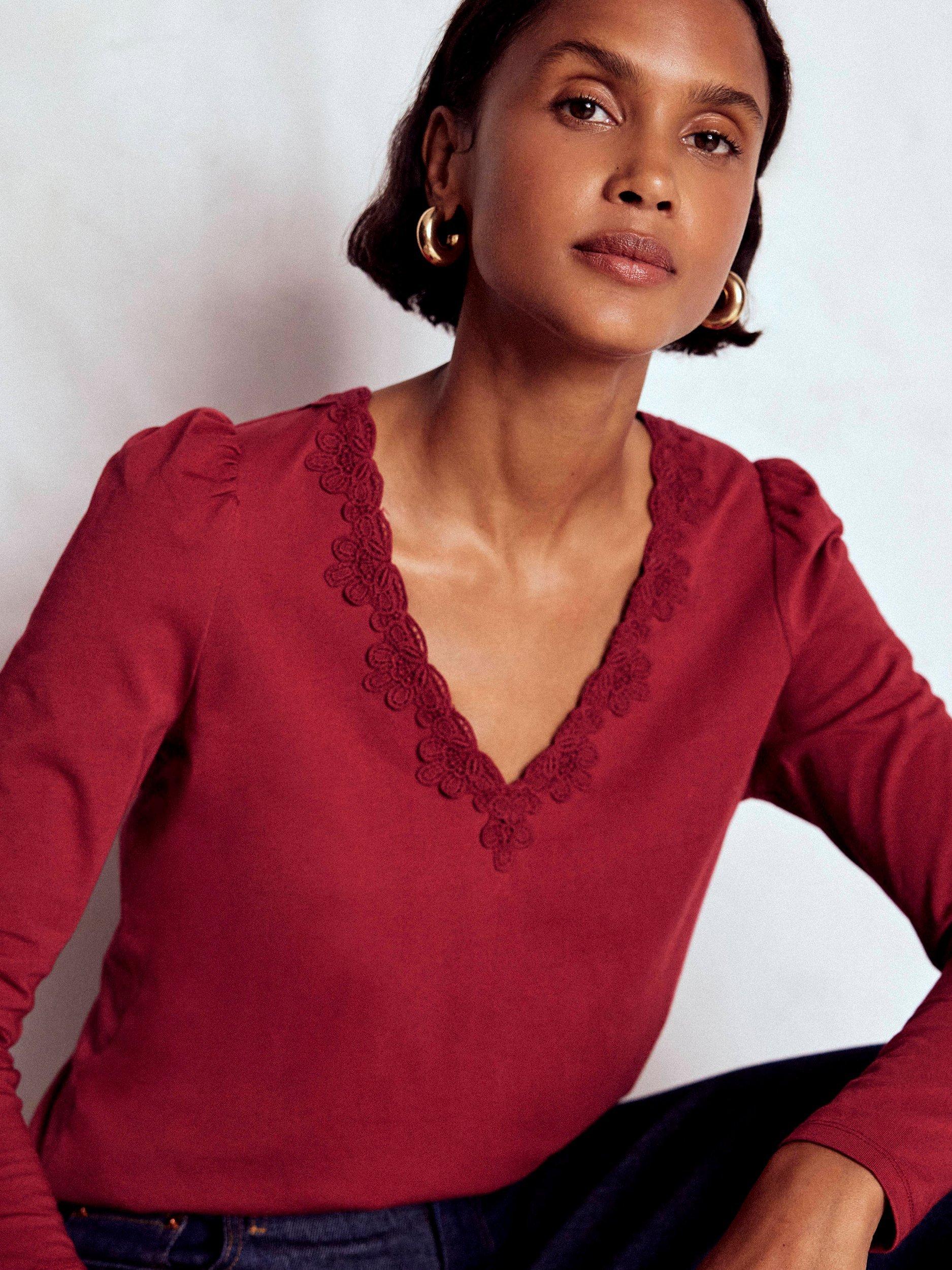 Product image 1 of 5, which shows Boden Floral Lace Trim Top, Burgundy Red, 8