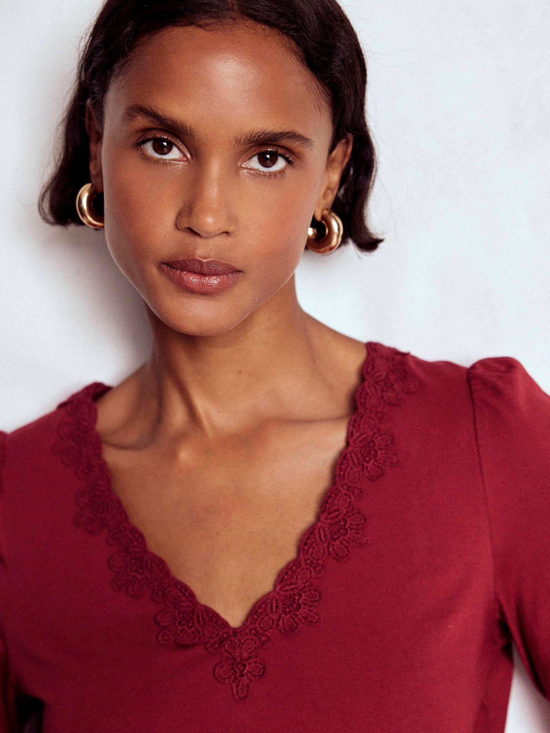 Product image 2 of 5, which shows Boden Floral Lace Trim Top, Burgundy Red, 8