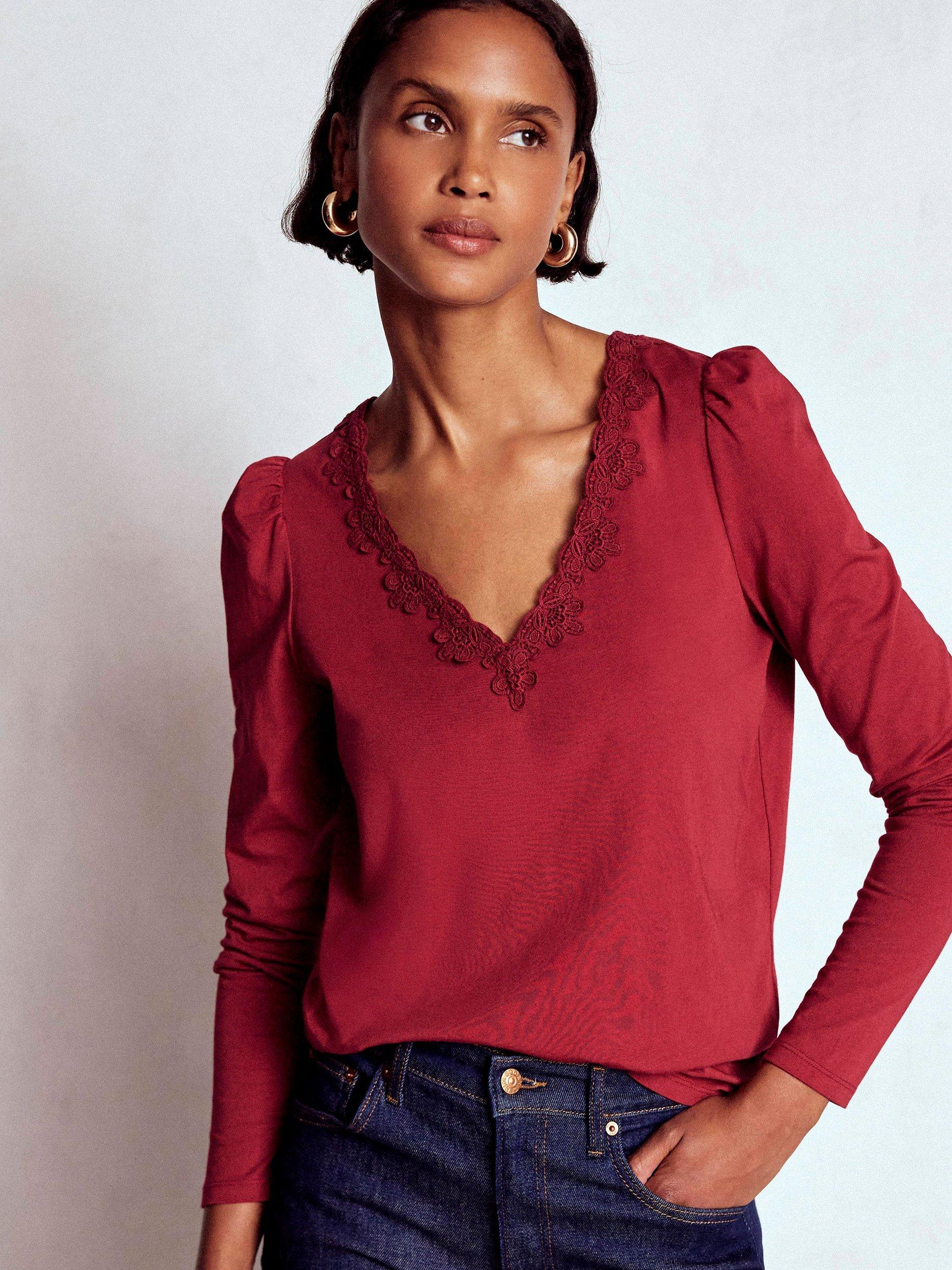 Product image 4 of 5, which shows Boden Floral Lace Trim Top, Burgundy Red, 8