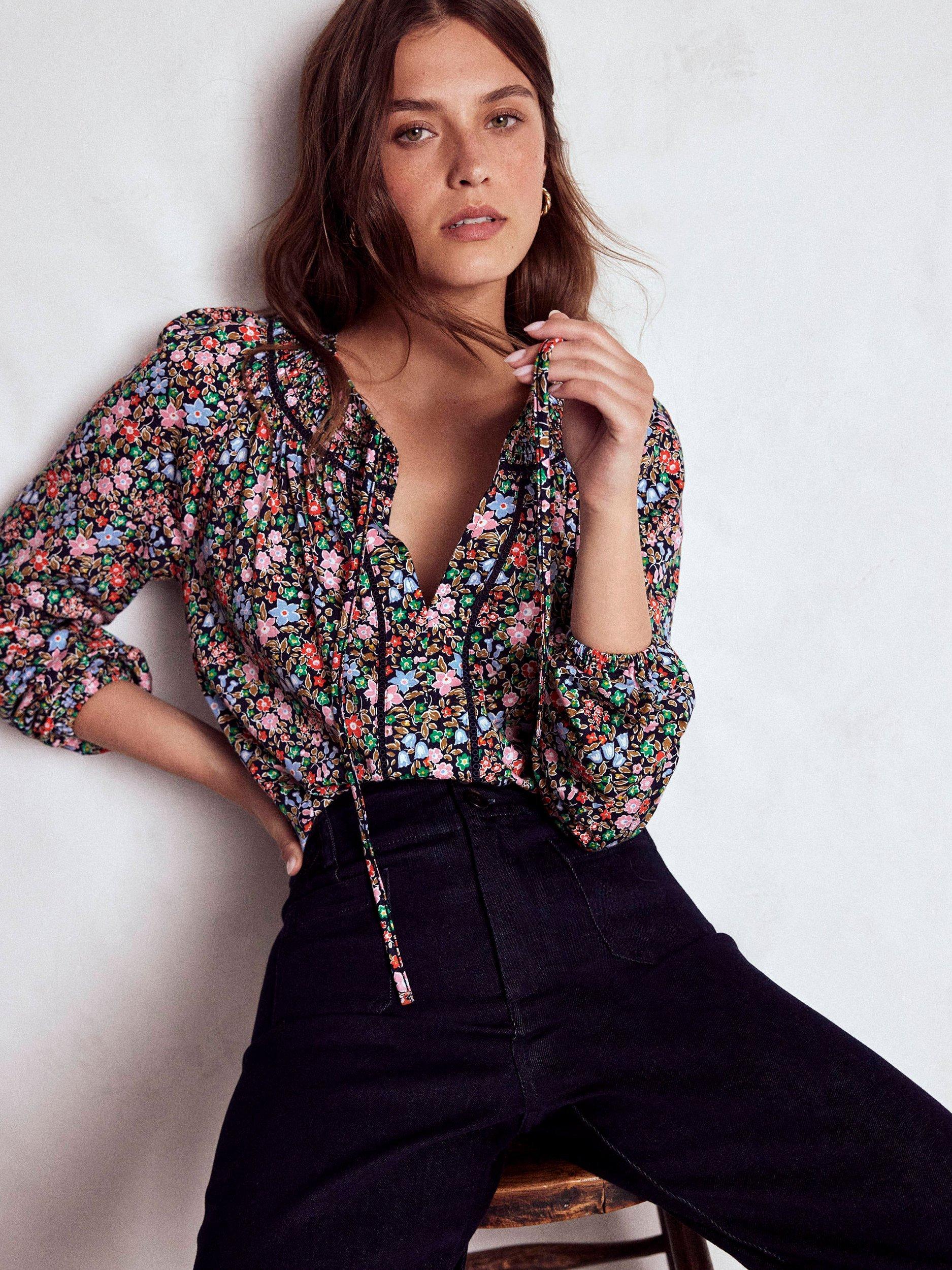 Product image 1 of 5, which shows Boden Georgia Floral Smocked Jersey Top, Navy/Multi, 10