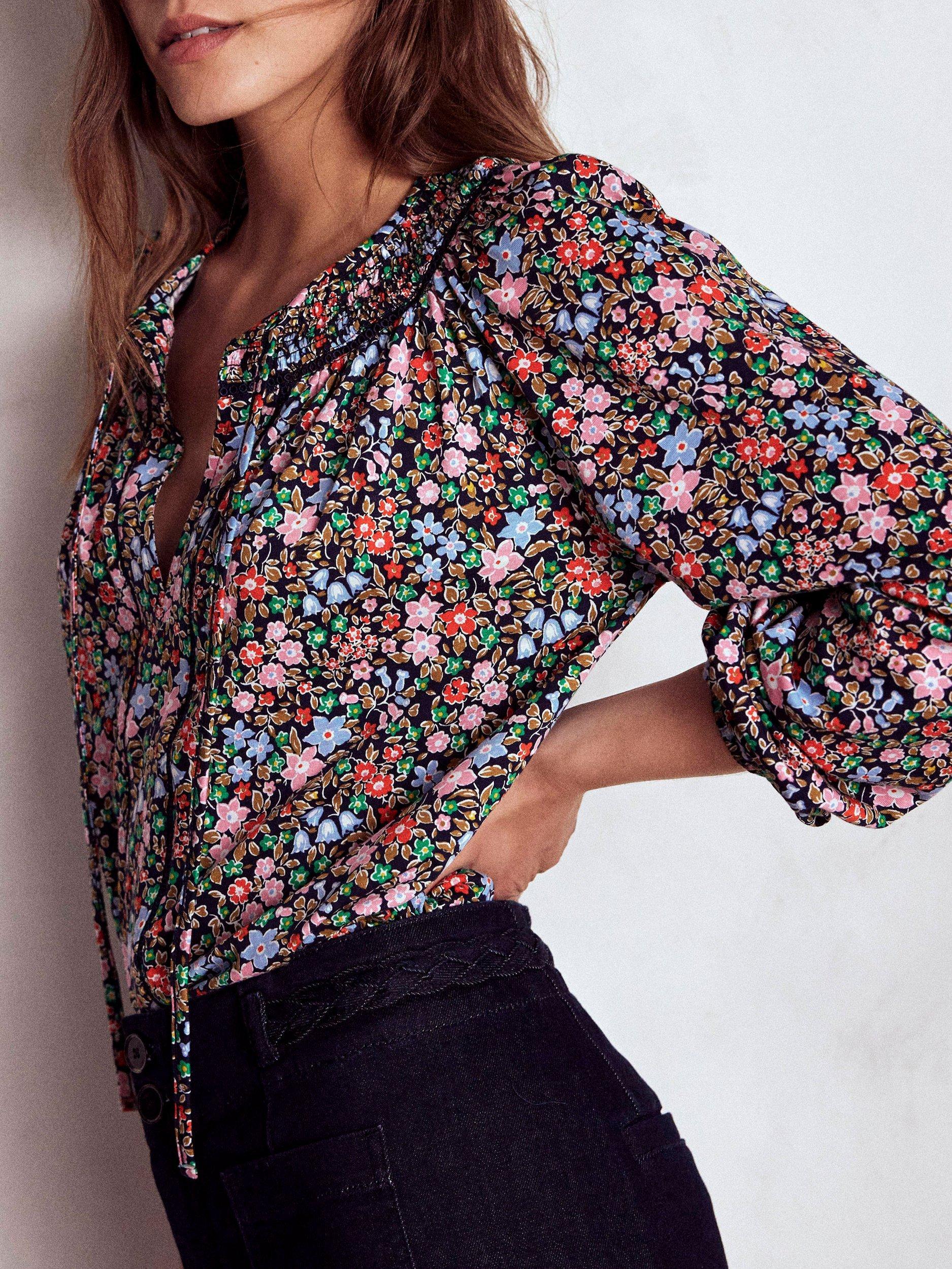 Product image 2 of 5, which shows Boden Georgia Floral Smocked Jersey Top, Navy/Multi, 10