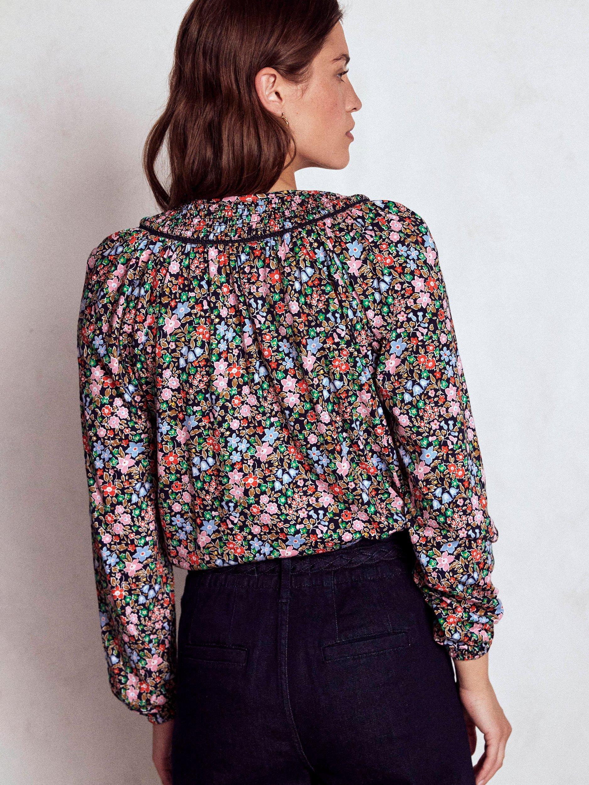 Product image 3 of 5, which shows Boden Georgia Floral Smocked Jersey Top, Navy/Multi, 10