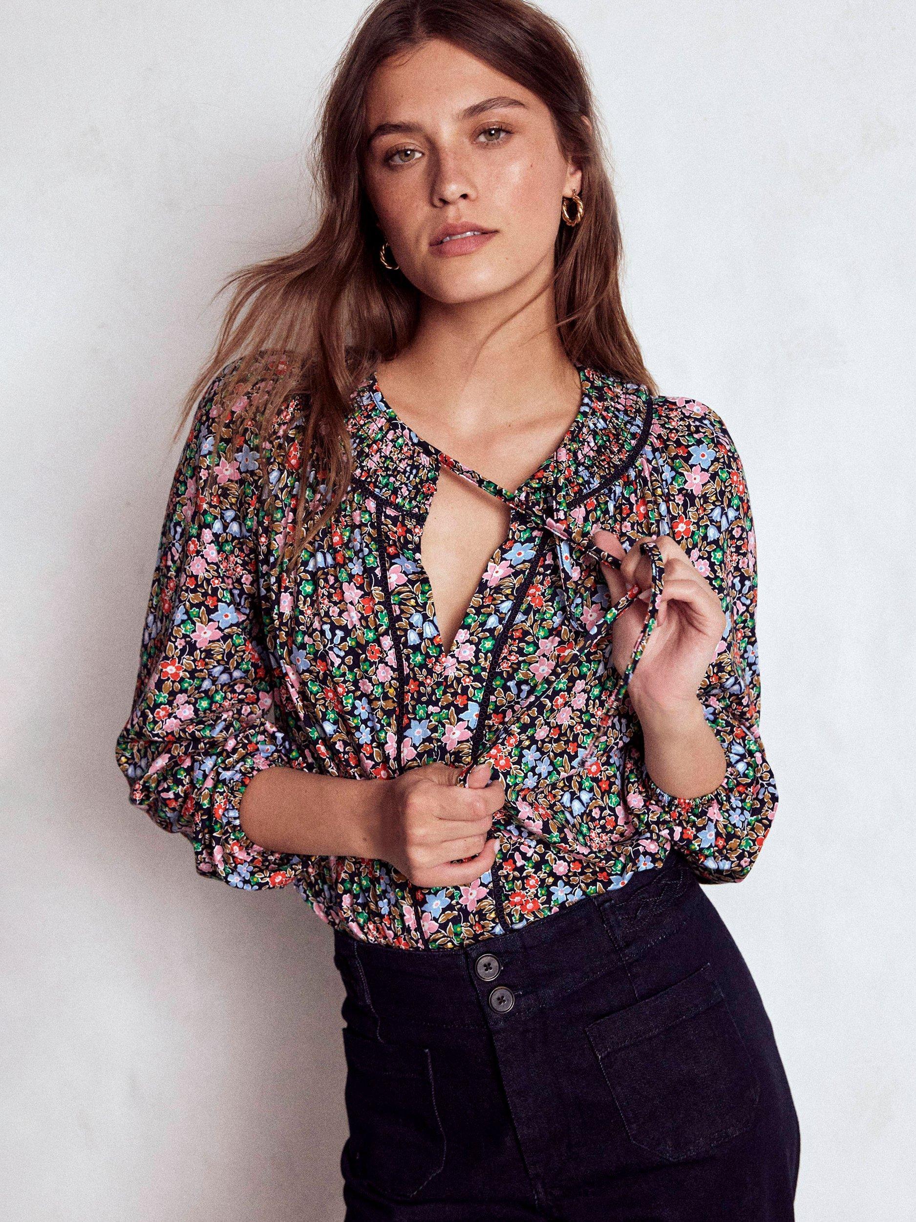 Product image 4 of 5, which shows Boden Georgia Floral Smocked Jersey Top, Navy/Multi, 10