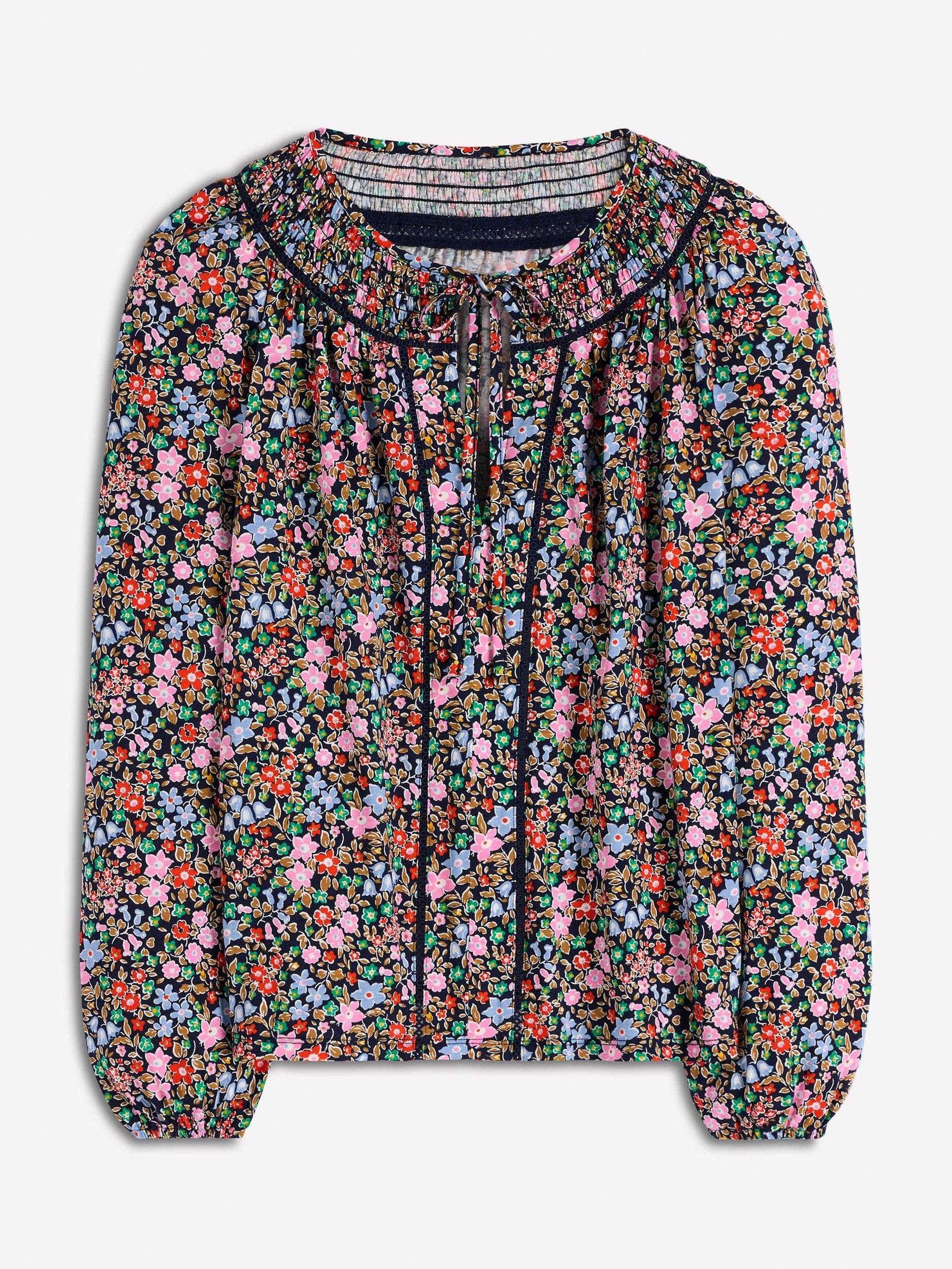 Product image 5 of 5, which shows Boden Georgia Floral Smocked Jersey Top, Navy/Multi, 10