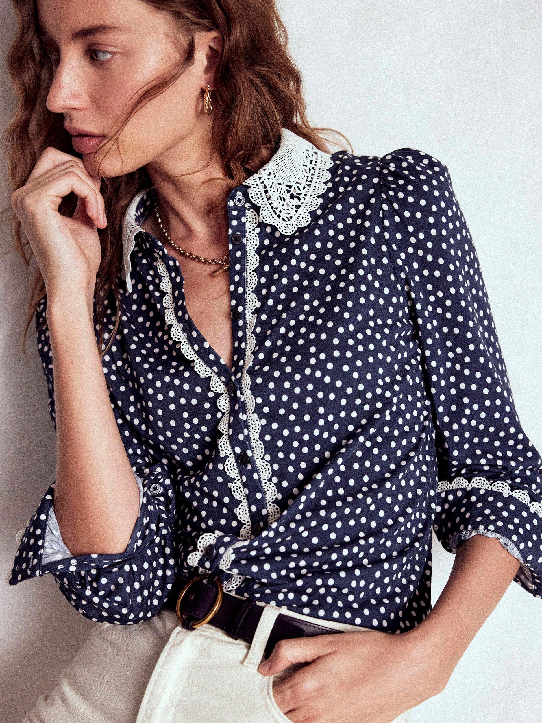 Boden Spot Lace Collar Blouse, Navy/Multi
