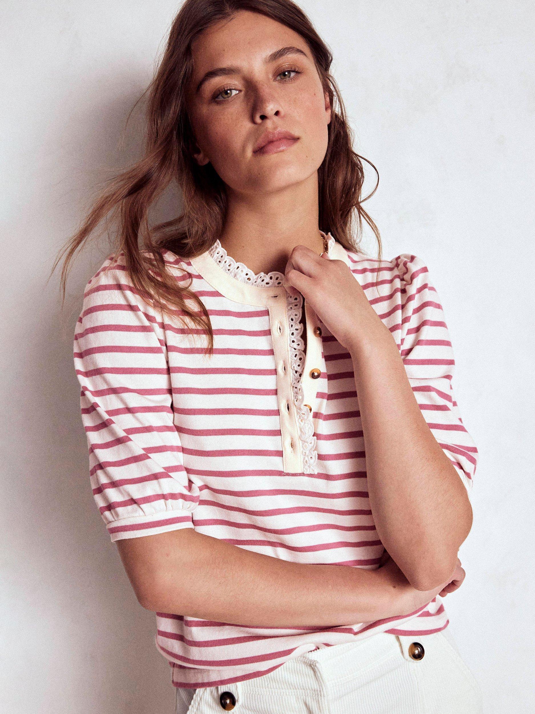 Product image 1 of 6, which shows Boden Puff Sleeve Lace Trim Henley Blouse, Pink/Ivory, 8