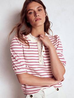 Boden Puff Sleeve Lace Trim Henley Blouse, Pink/Ivory