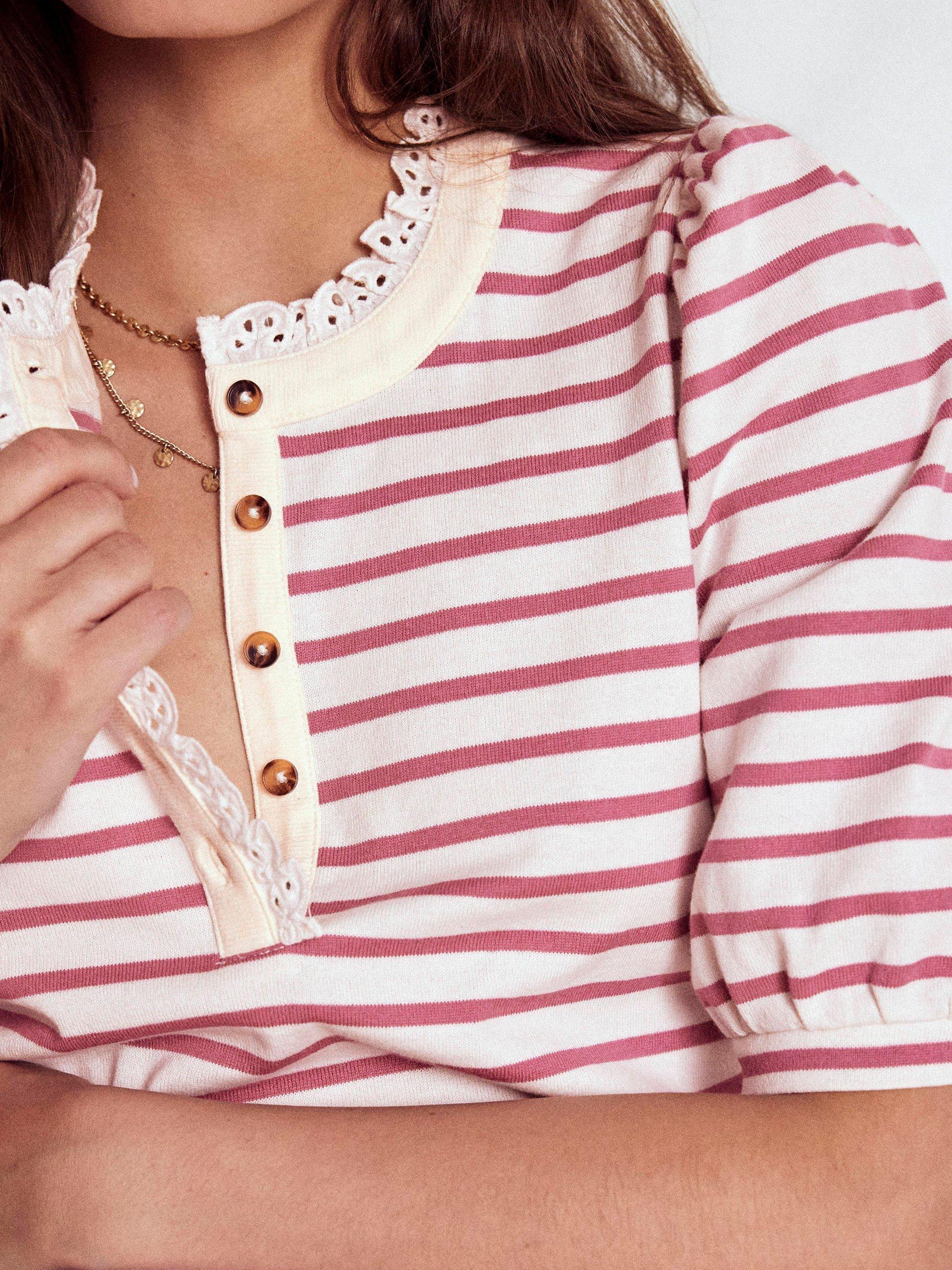 Product image 2 of 6, which shows Boden Puff Sleeve Lace Trim Henley Blouse, Pink/Ivory, 8
